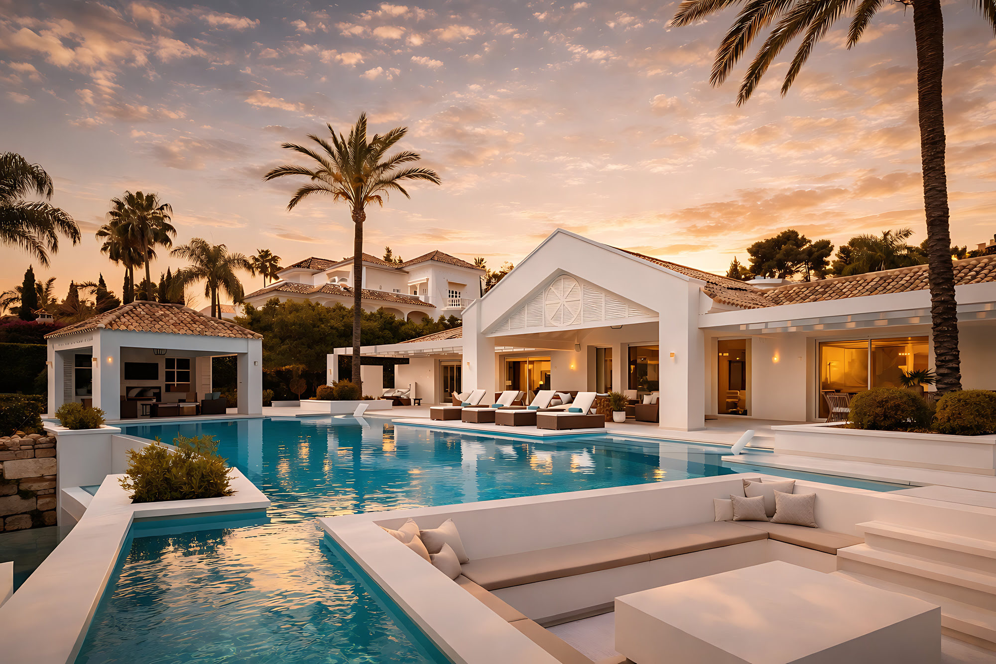 Blue-hour pool façade of Villa Adriana with illuminated terraces, white volumes and refined Mediterranean atmosphere in La Cerquilla