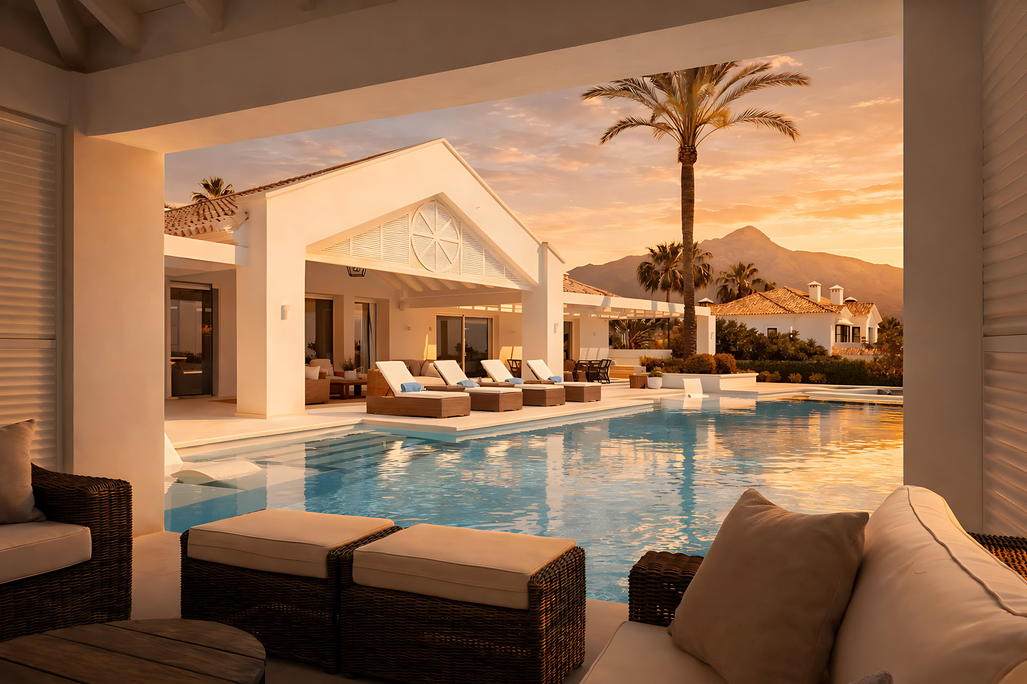 Interior lounge opening directly onto the pool terrace at Villa Adriana, linking calm indoor living with outdoor relaxation