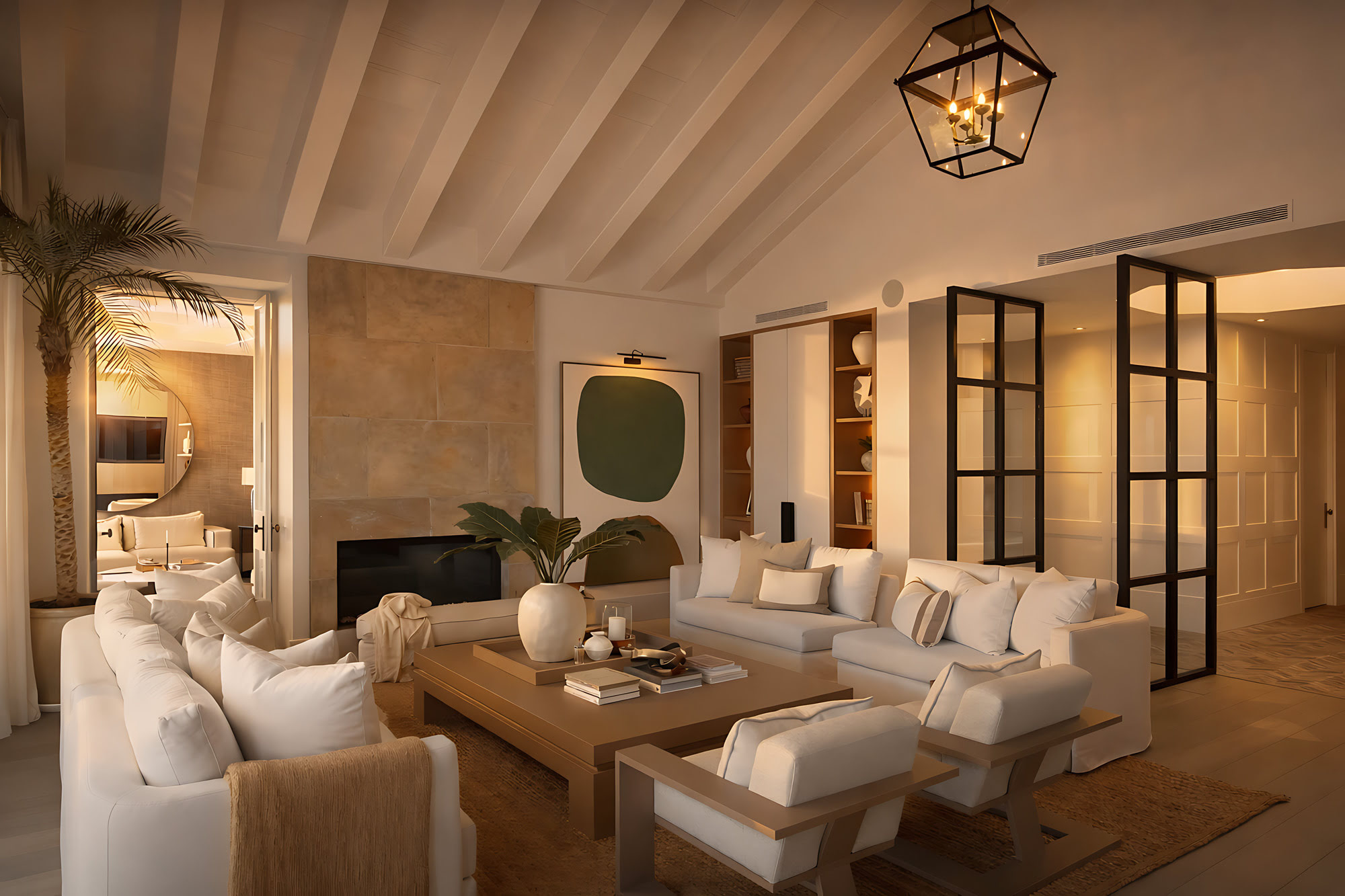Main living room at Villa Adriana with soft neutral palette, timber ceiling beams and elegant Andalusian-inspired detailing