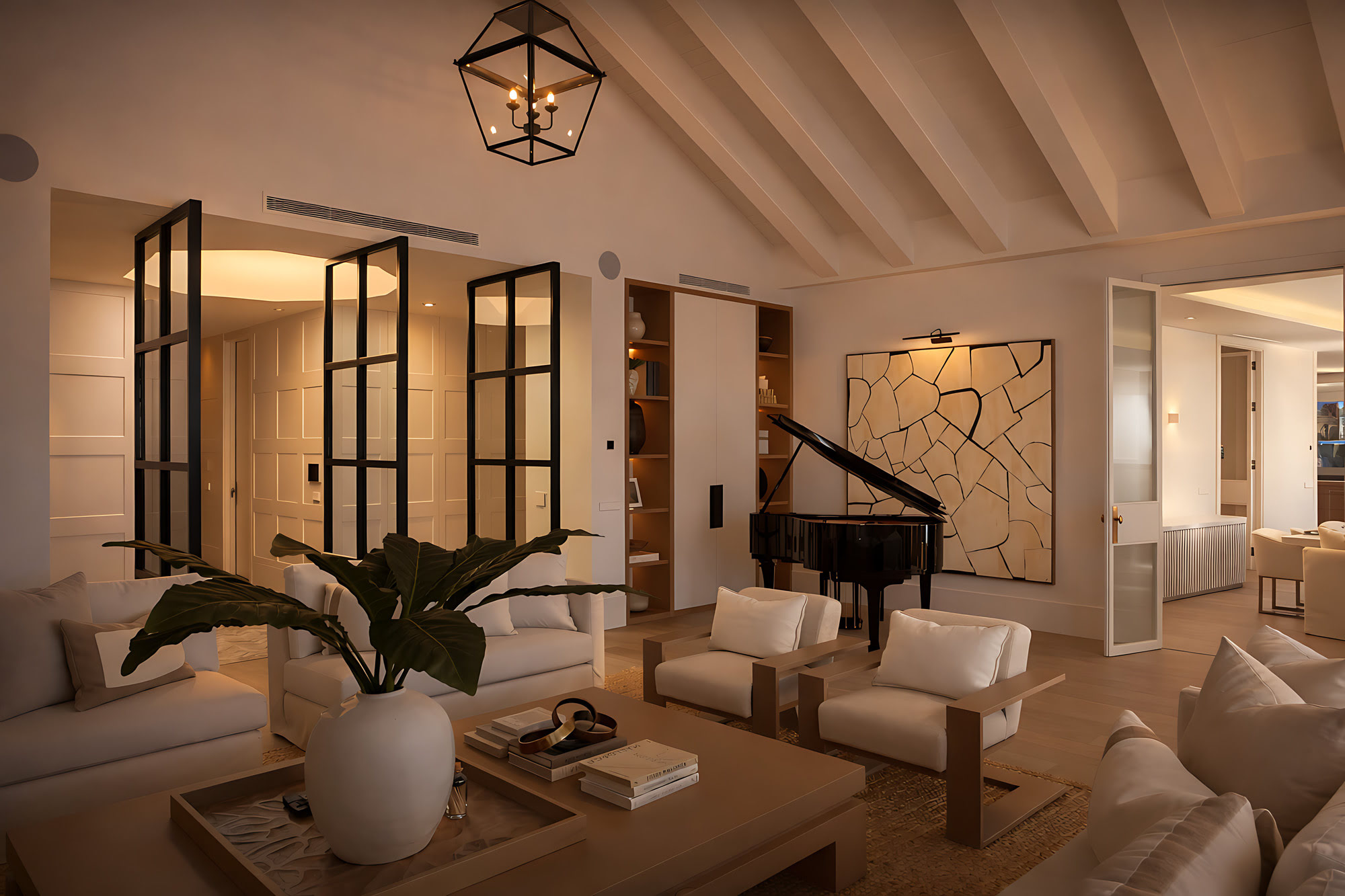 Open living area with layered furniture, natural light and framed garden views in the interior of Villa Adriana