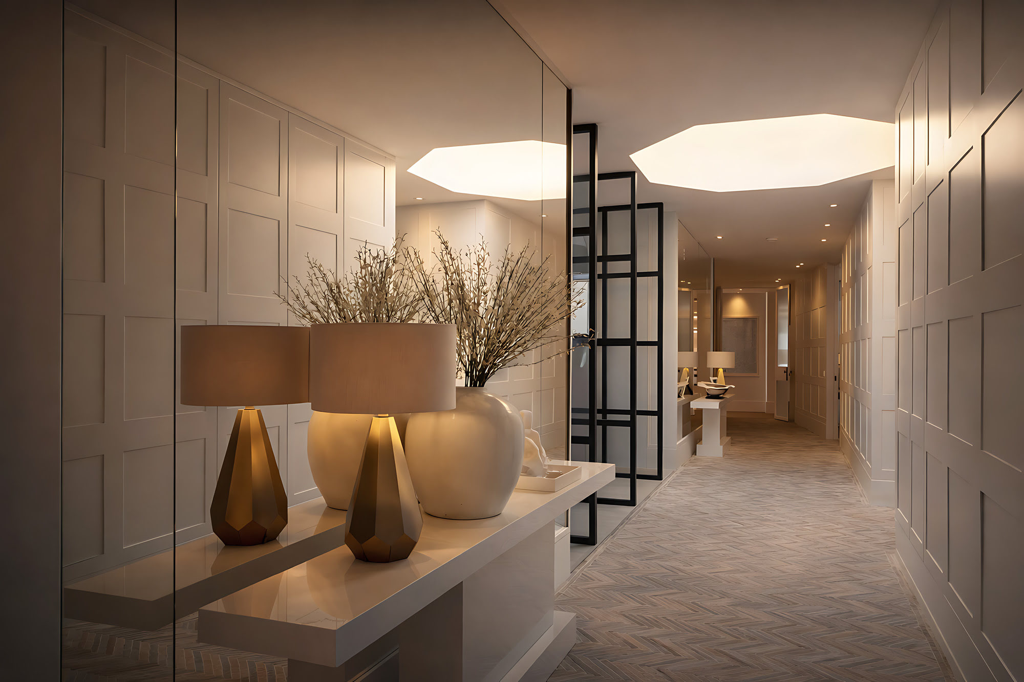 Calm corridor and dressing sequence with soft architectural lighting in the interior of Villa Adriana