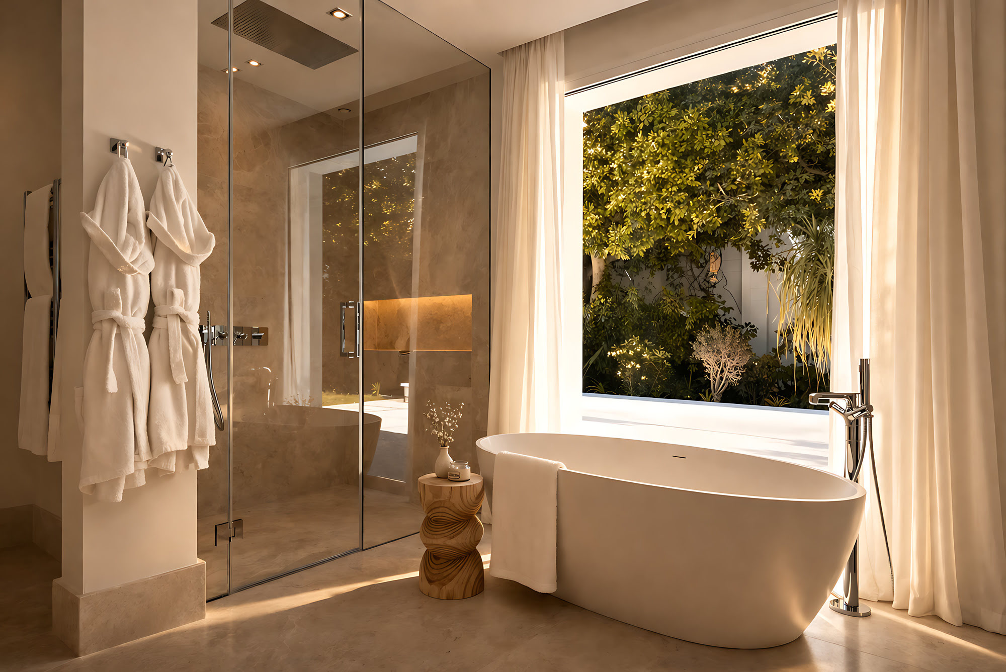 Bathroom space framed by large window and soft ambient lighting at Villa Adriana in La Cerquilla