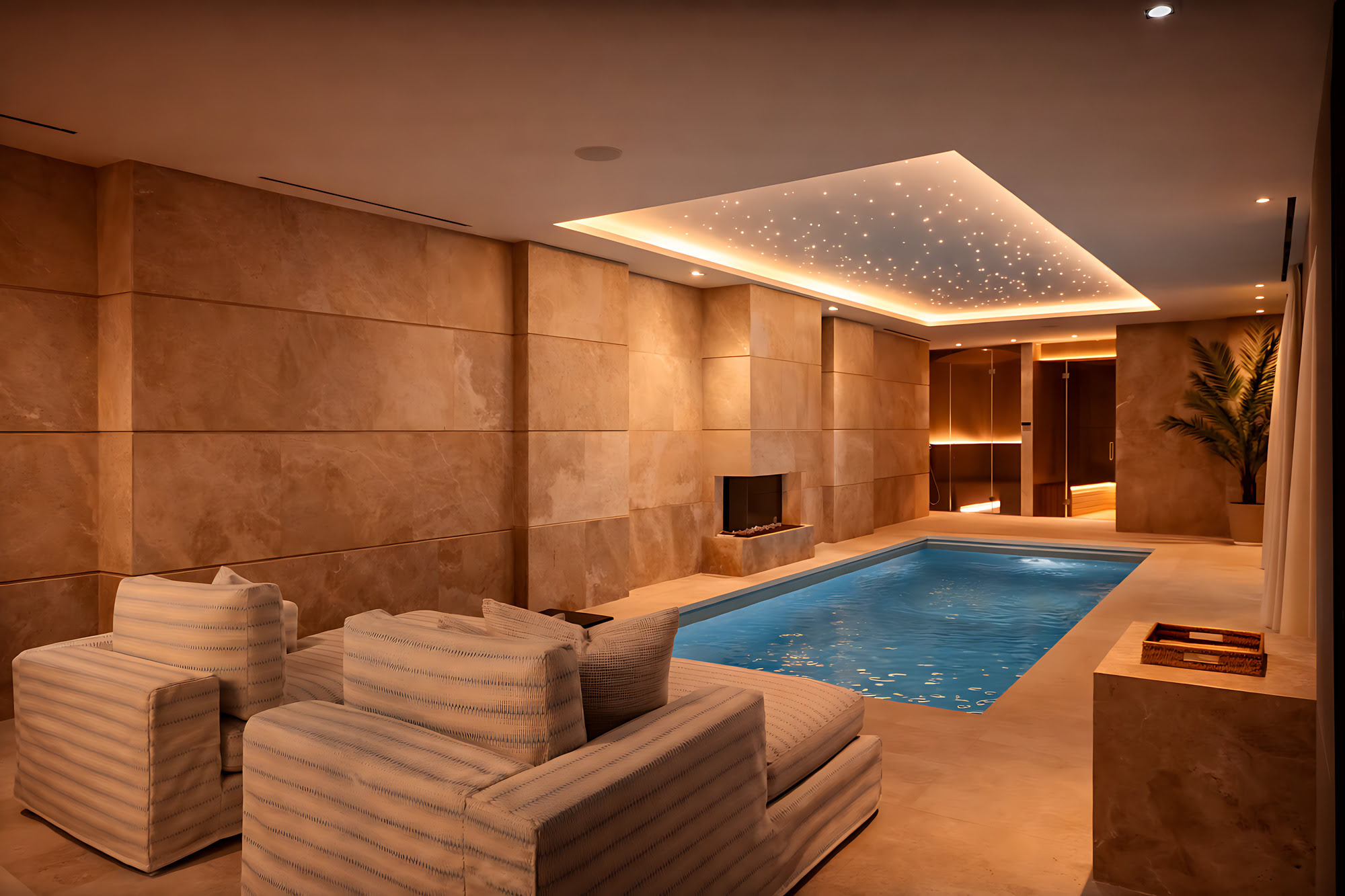Indoor wellness pool and spa area at Villa Adriana designed as a private retreat with warm architectural lighting
