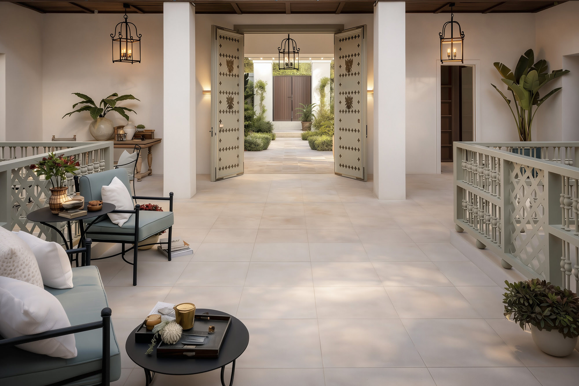 Covered Mediterranean porch with lounge and dining area, Villa Africa in Nueva Andalucía, Marbella