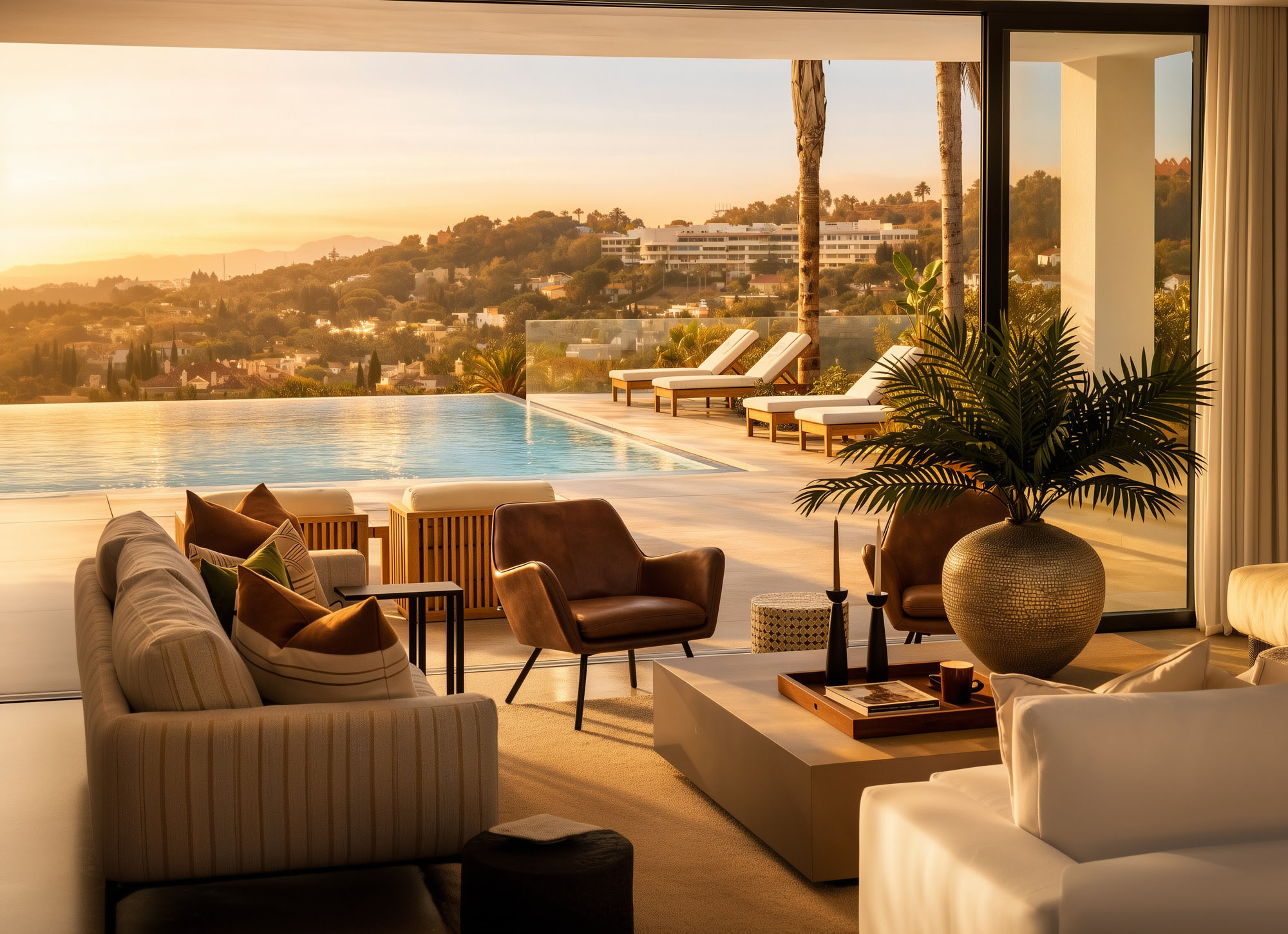 Interior living opening to infinity pool and landscape view, Villa Africa in La Cerquilla, Nueva Andalucía, Marbella