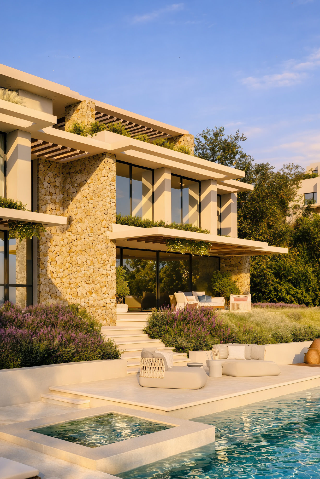 Close exterior view of La Alborada showing stone façade, pool edge and refined Mediterranean material palette