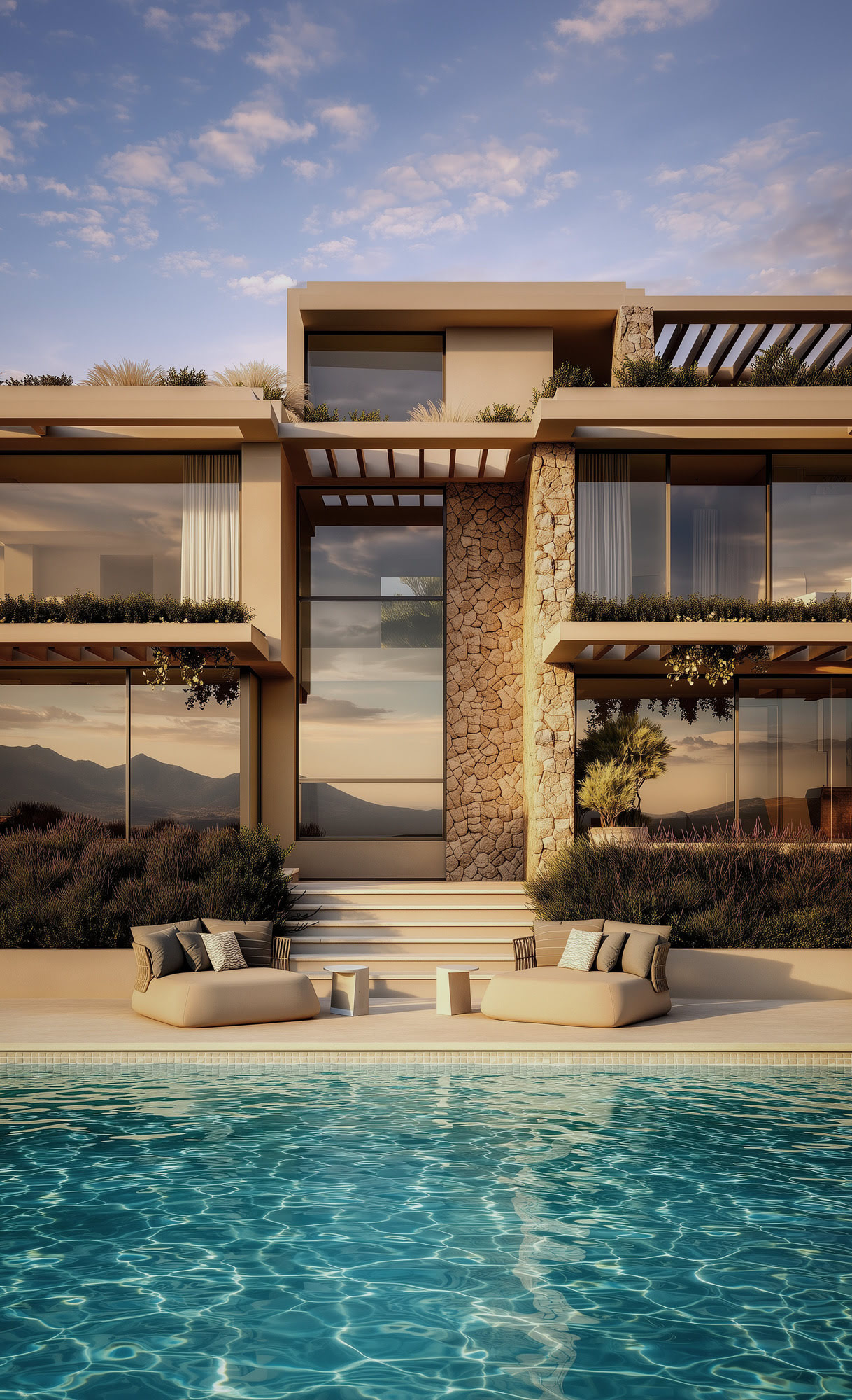 Central pool axis of La Alborada villa with symmetrical composition, natural stone chimney and golden hour light