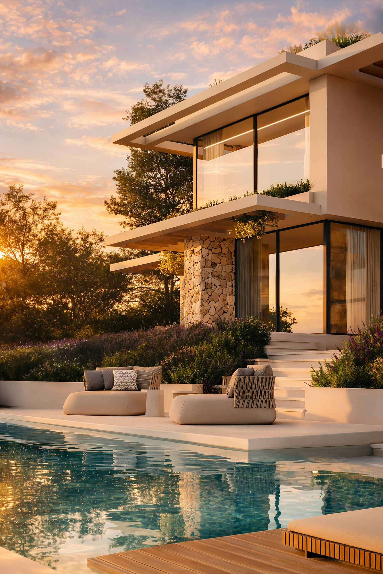Poolside corner of La Alborada with layered architecture, water reflections and sunset atmosphere