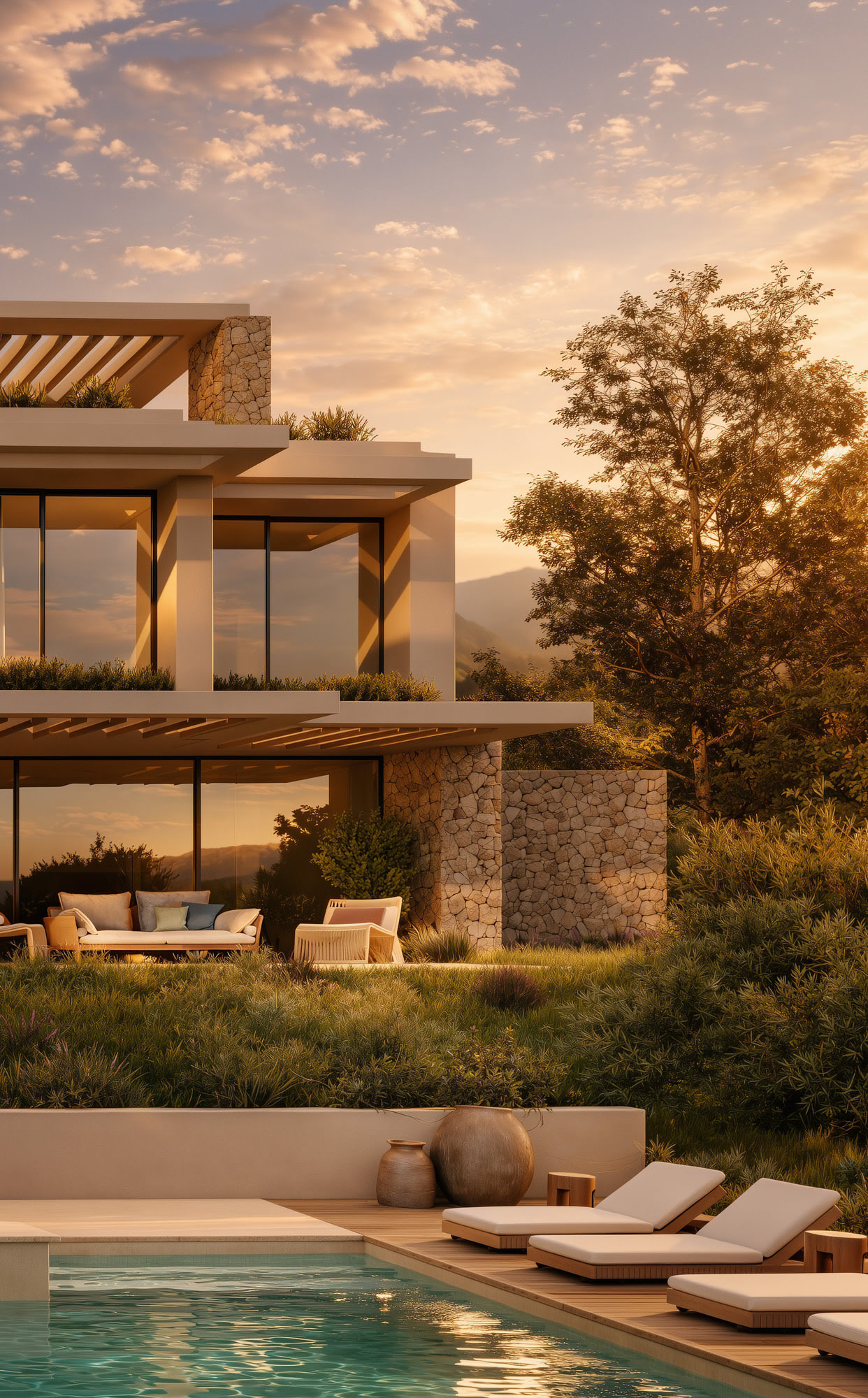 Sunset pool perspective of La Alborada villa framed by soft landscaping and warm evening light