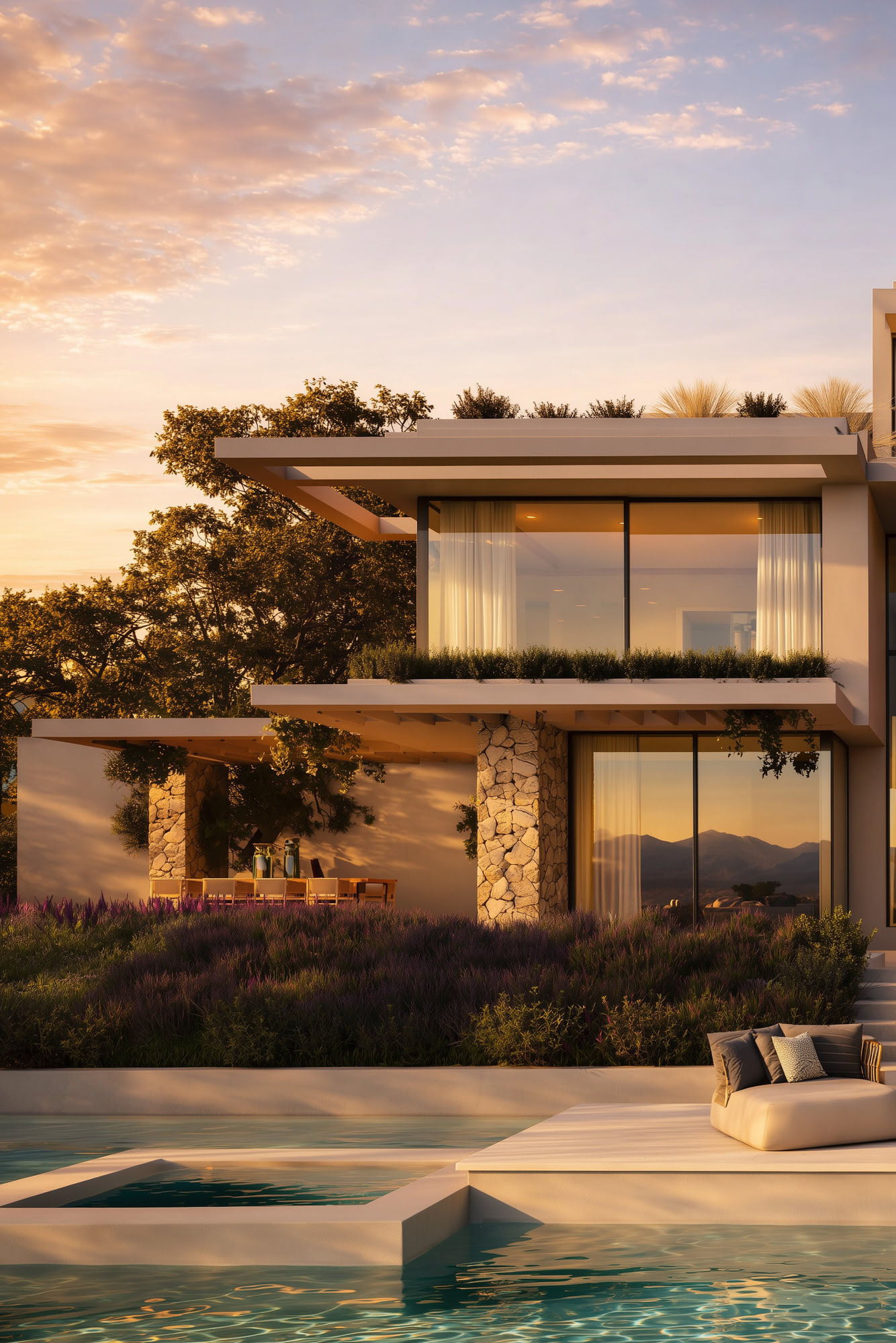 Golden hour exterior of La Alborada with calm water surface, refined terrace edges and Mediterranean garden planting