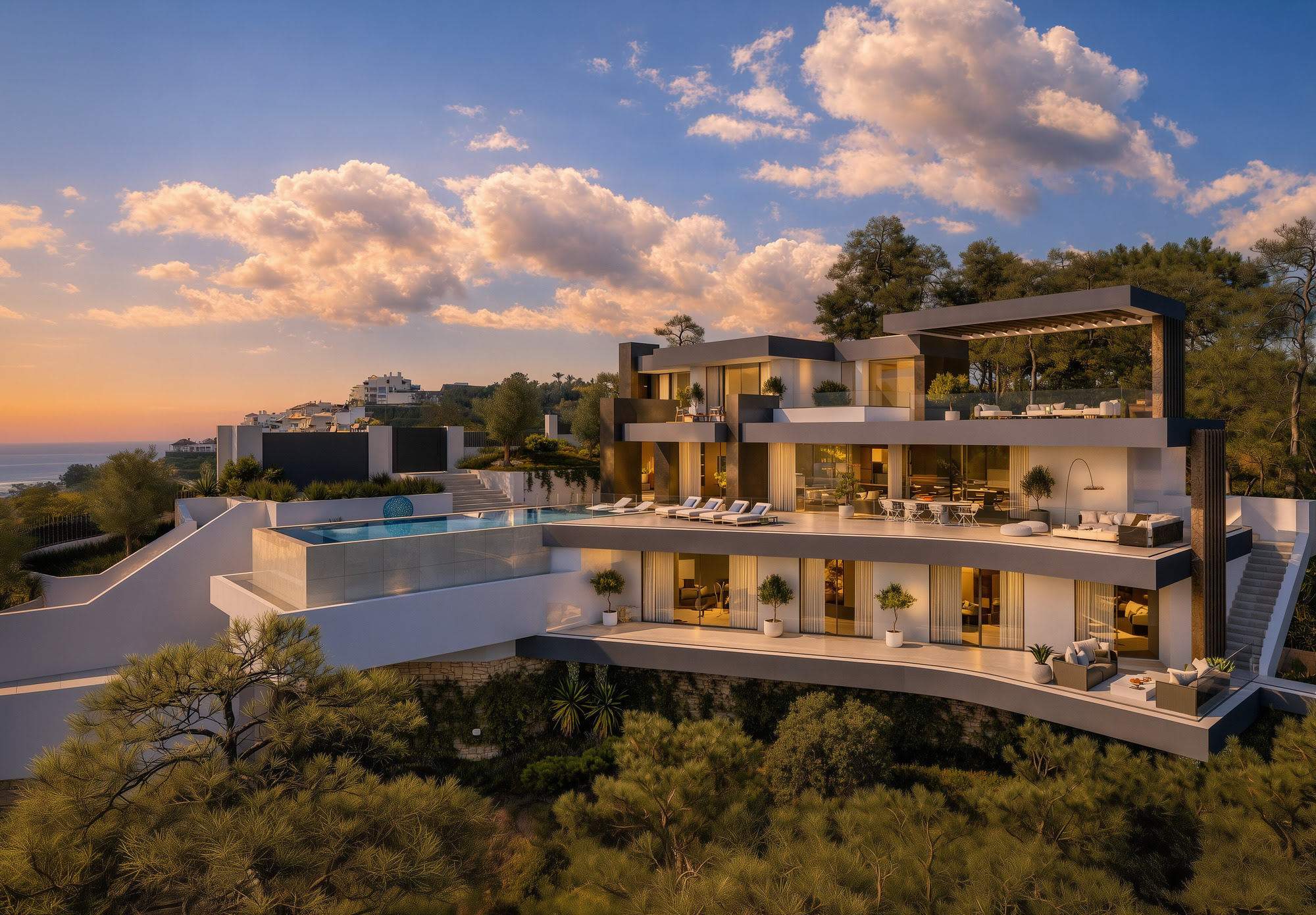 Villa Alegría aerial twilight view showing the sculptural hillside residence in La Zagaleta with layered terraces and panoramic setting