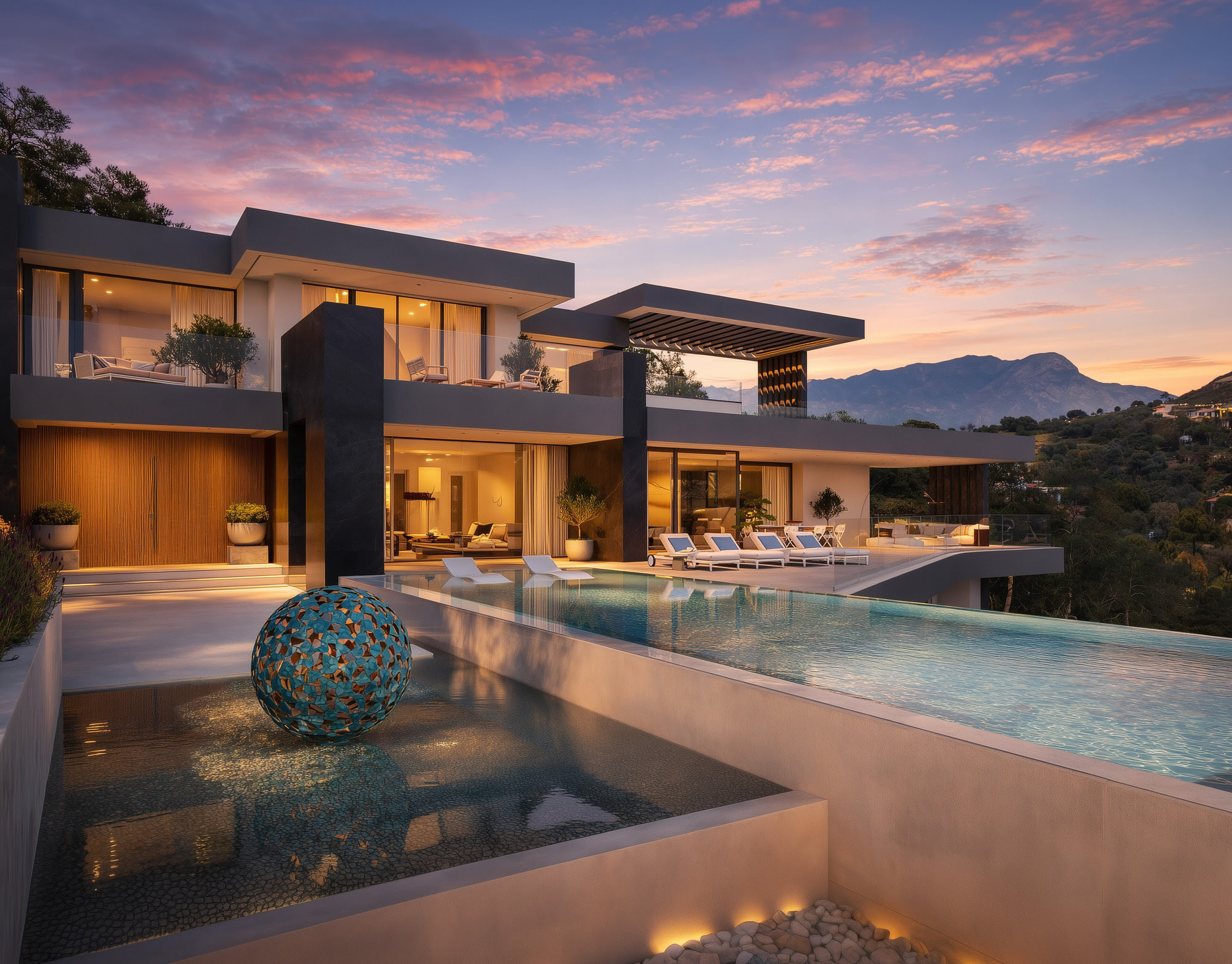 Pool façade of Villa Alegría at blue hour with reflective water, warm lighting and bold contemporary geometry