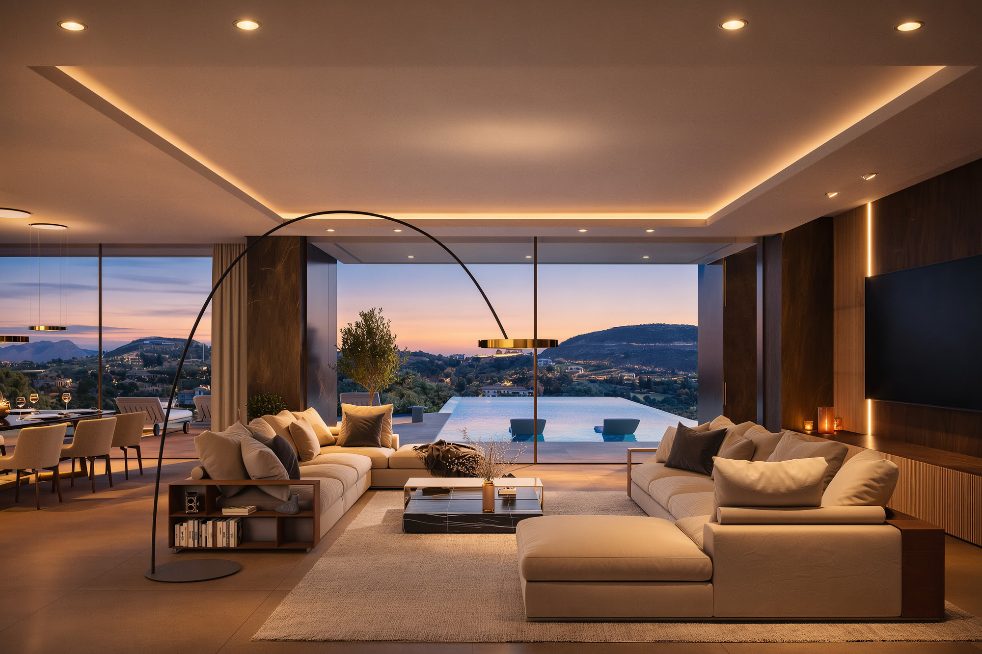 Open-plan living room at Villa Alegría with recessed ceiling lighting, panoramic glazing and seamless connection to the terrace