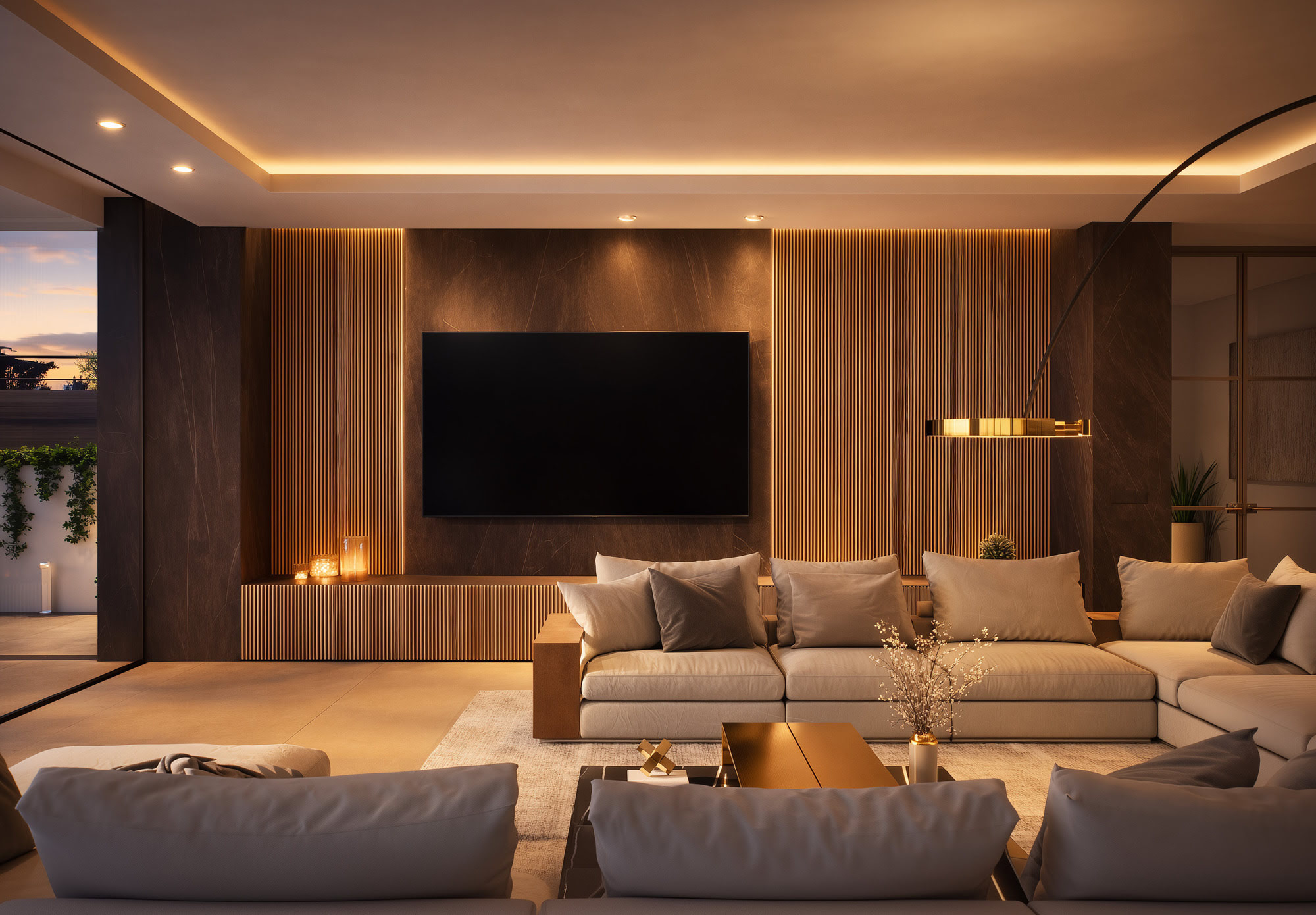 Interior lounge at Villa Alegría with warm timber cladding, sculptural fireplace wall and refined built-in seating