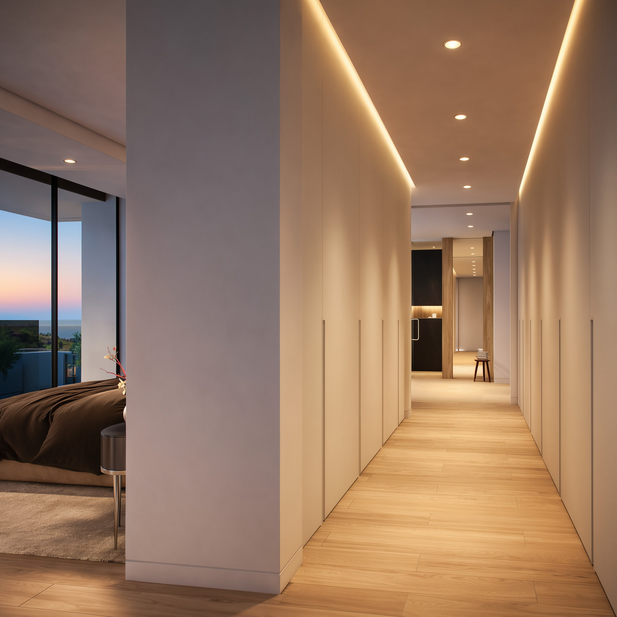 Interior corridor at Villa Alegría defined by warm timber flooring, linear lighting and minimalist architectural rhythm
