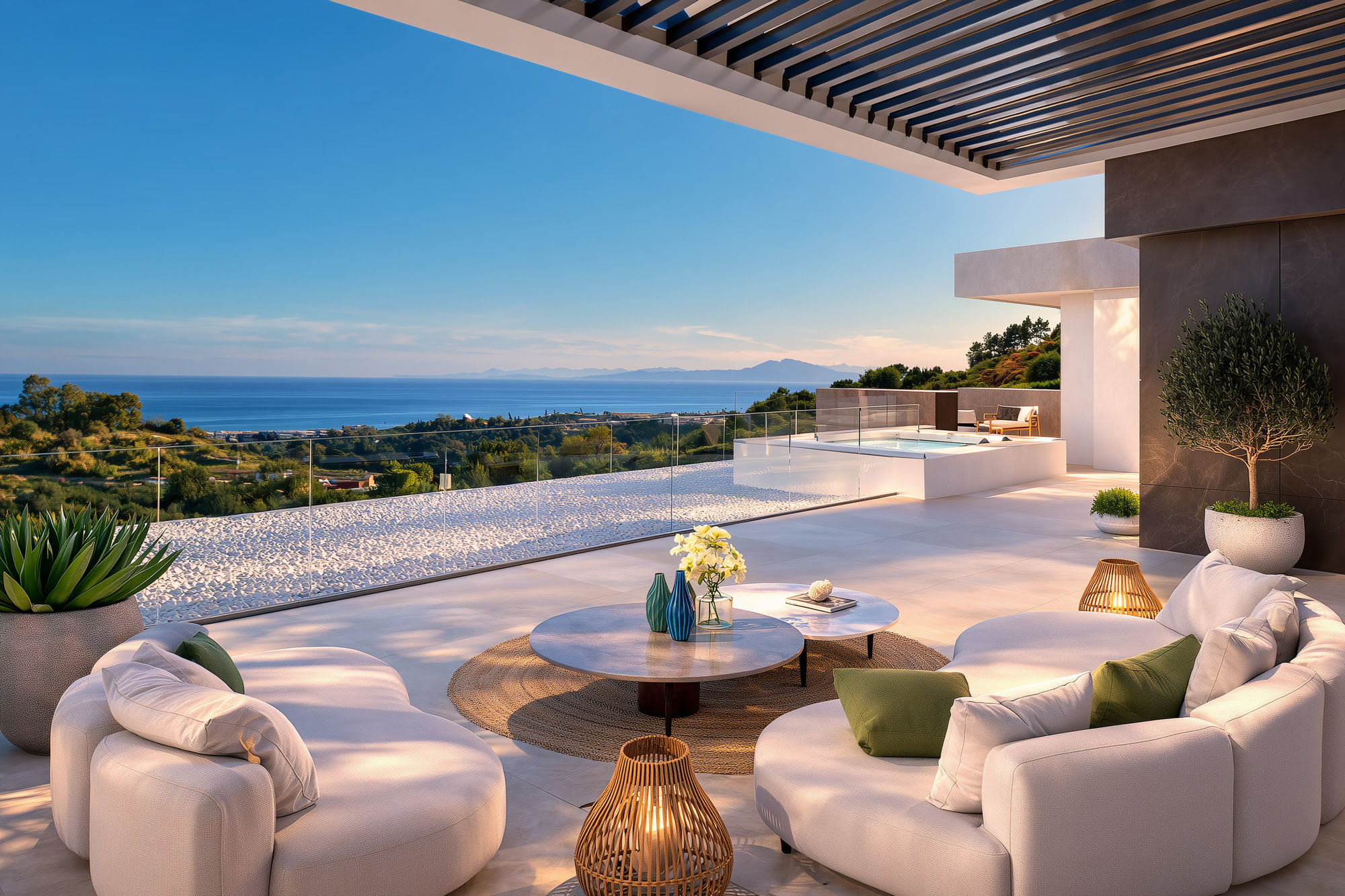 Sunlit chill-out terrace at Villa Alegría with sculpted outdoor seating and panoramic hillside views