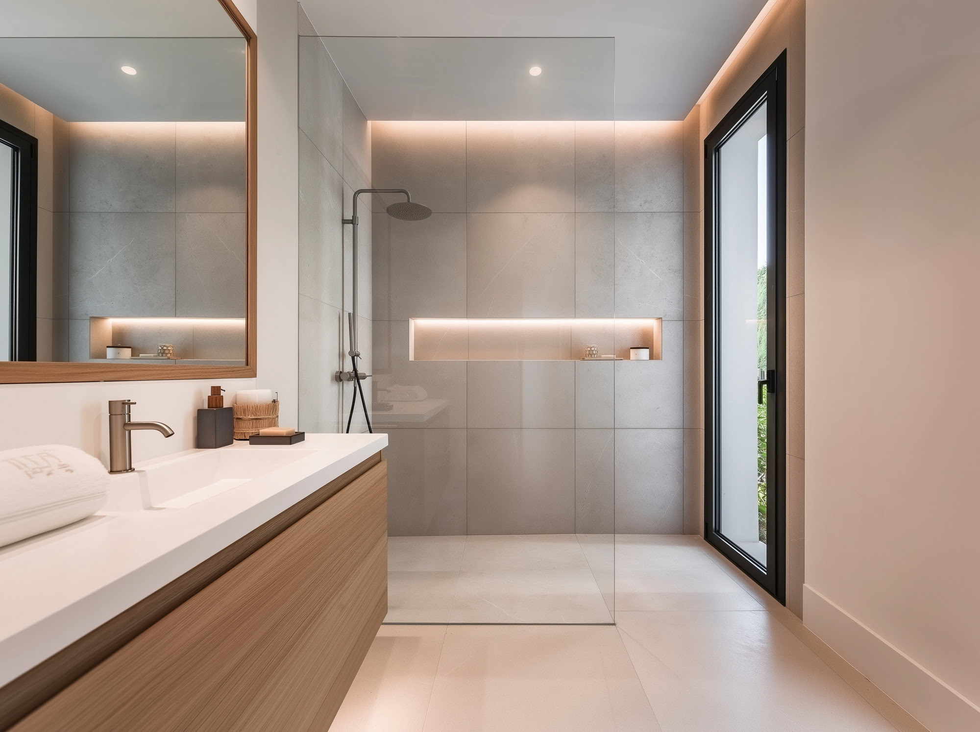 Contemporary bathroom with natural stone and warm lighting