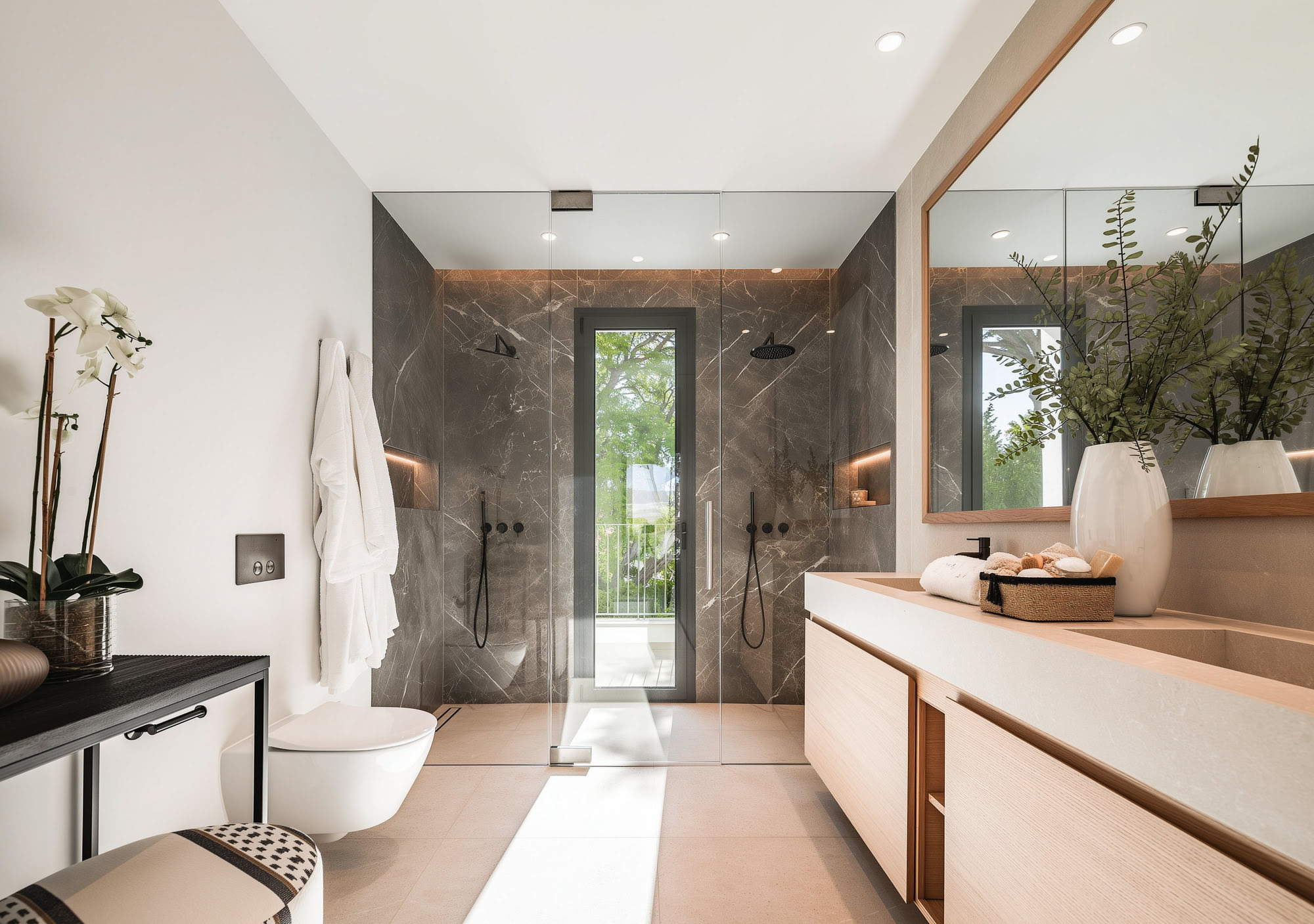 Luxury bathroom interior with elegant materials and minimal design