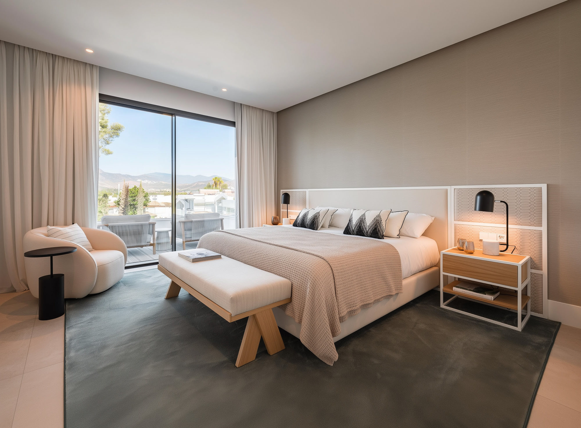 Minimal bedroom interior with soft indirect lighting