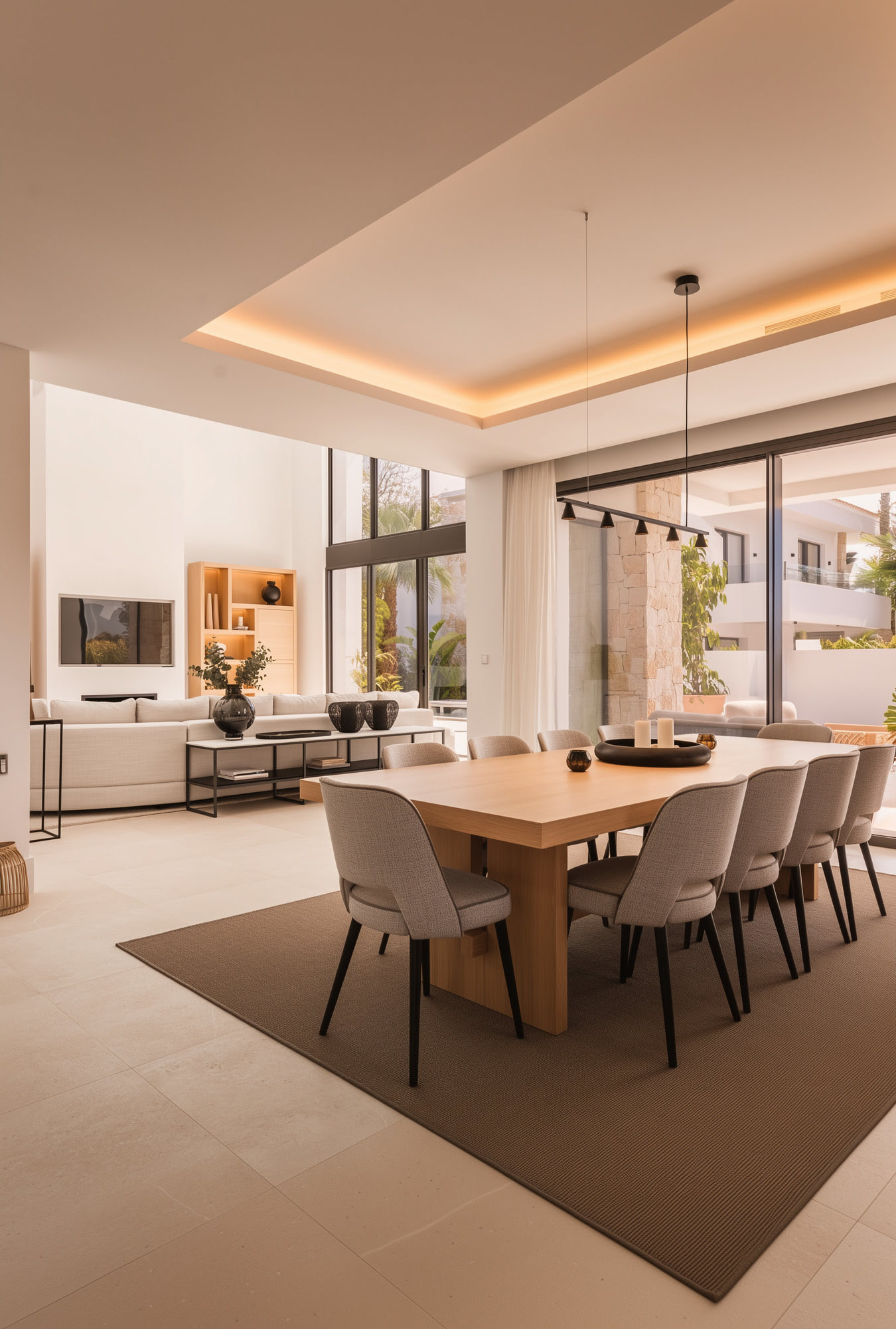 Dining room interior with modern lighting and elegant materials