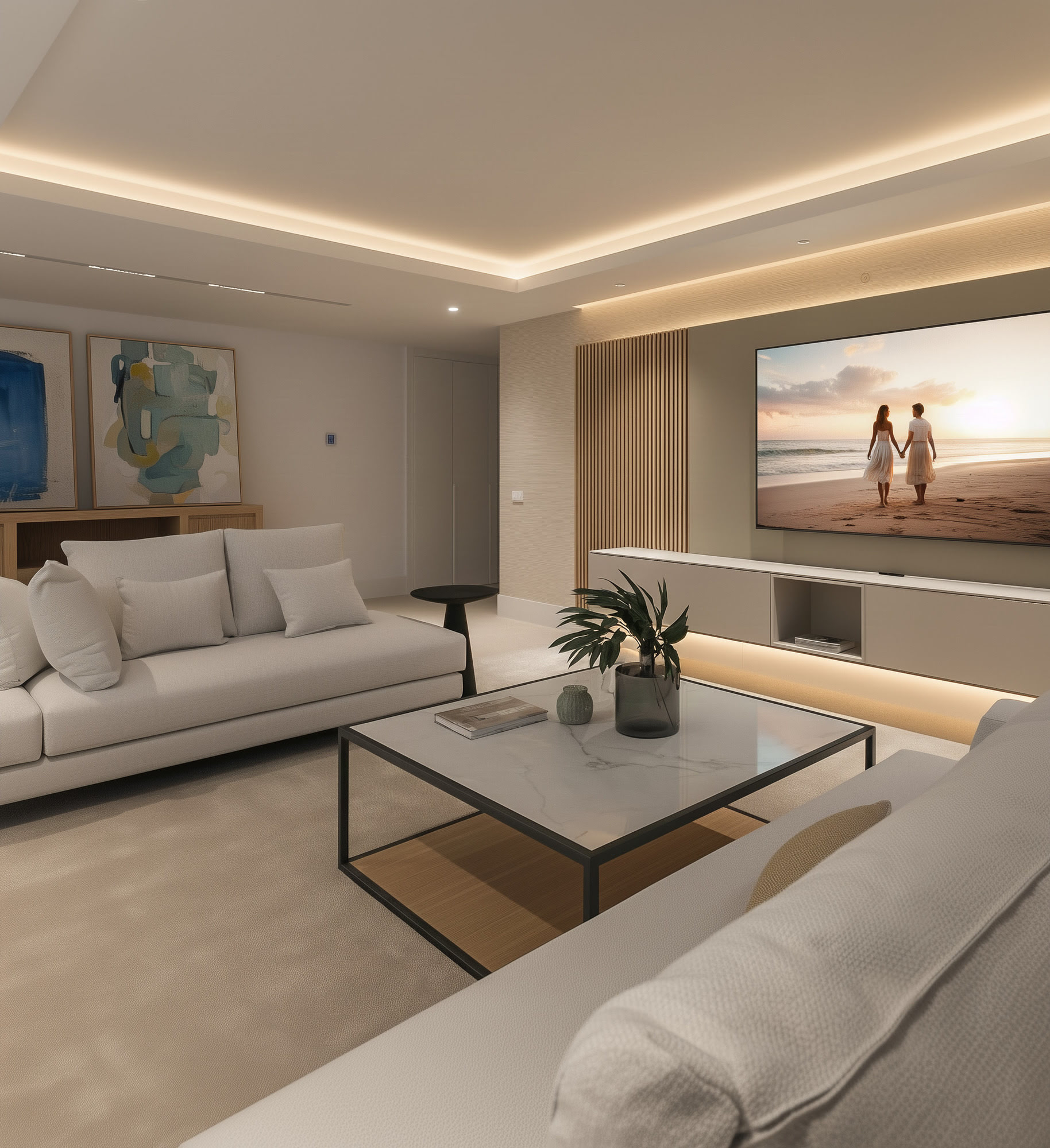 Lounge area with recessed ceiling lighting and calm atmosphere
