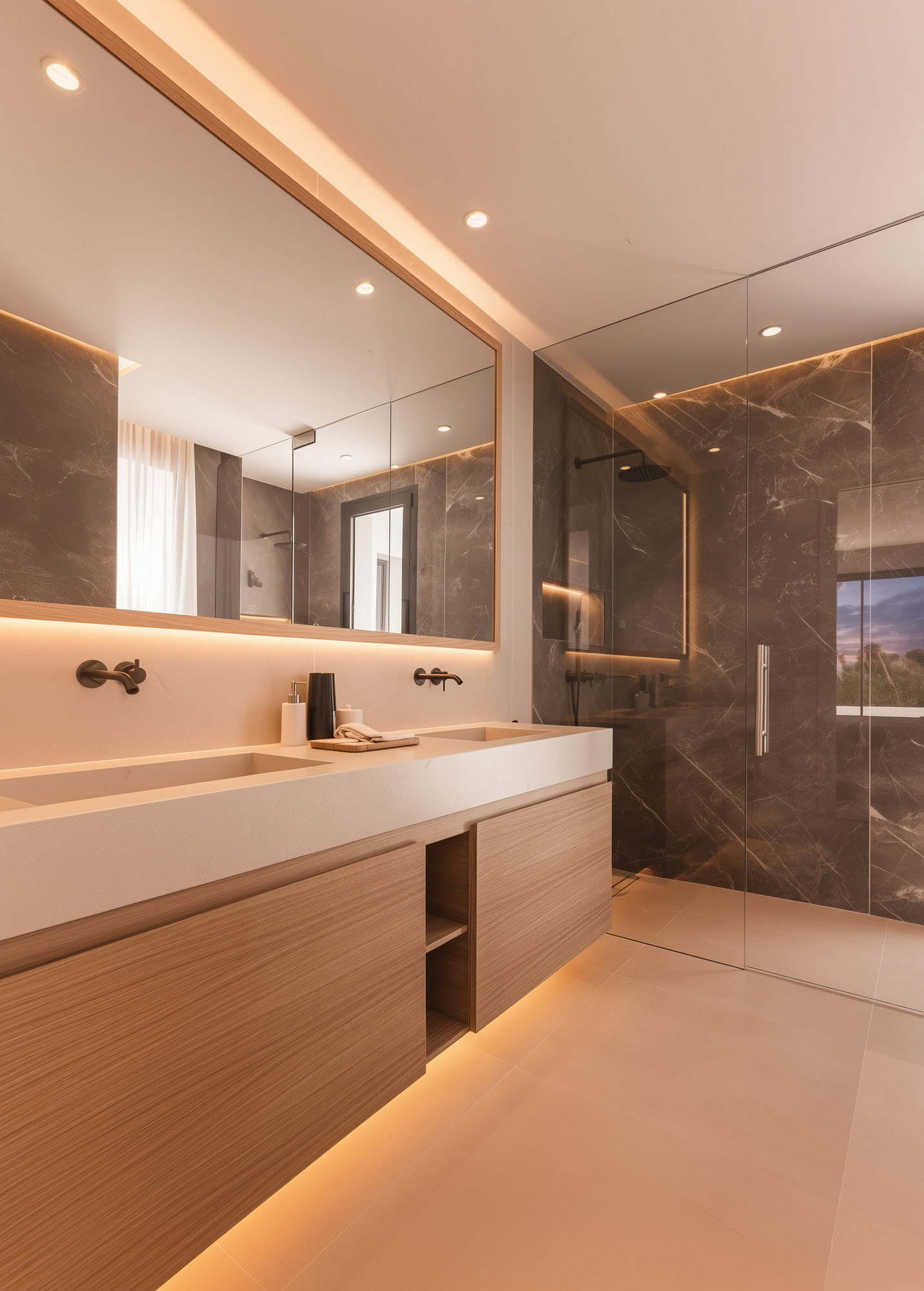 Bathroom with integrated lighting and textured stone walls