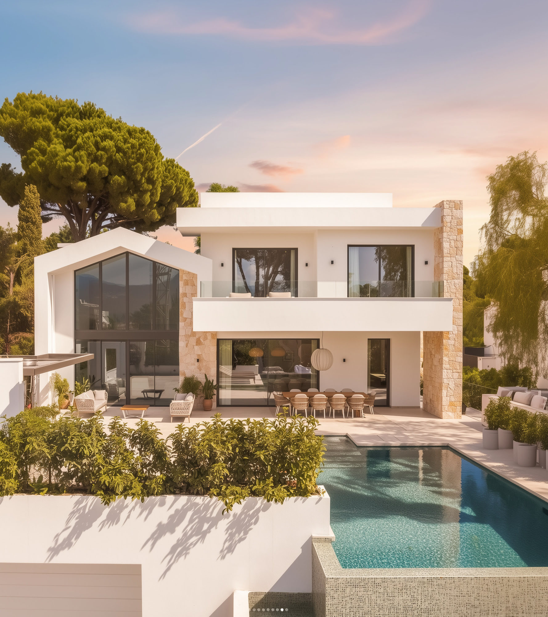 Rear façade with terraces overlooking the swimming pool