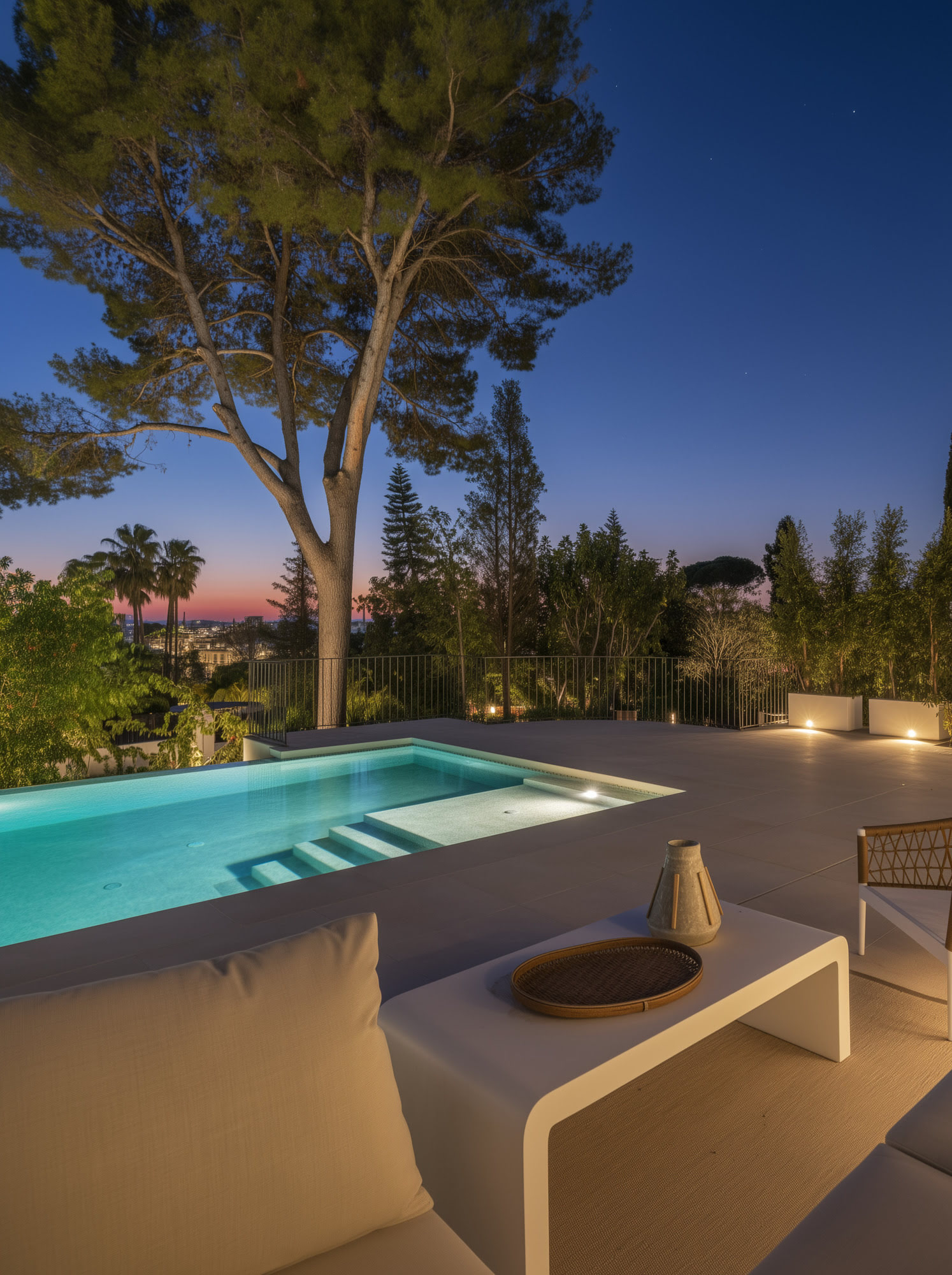 Outdoor lounge terrace with Mediterranean landscape views