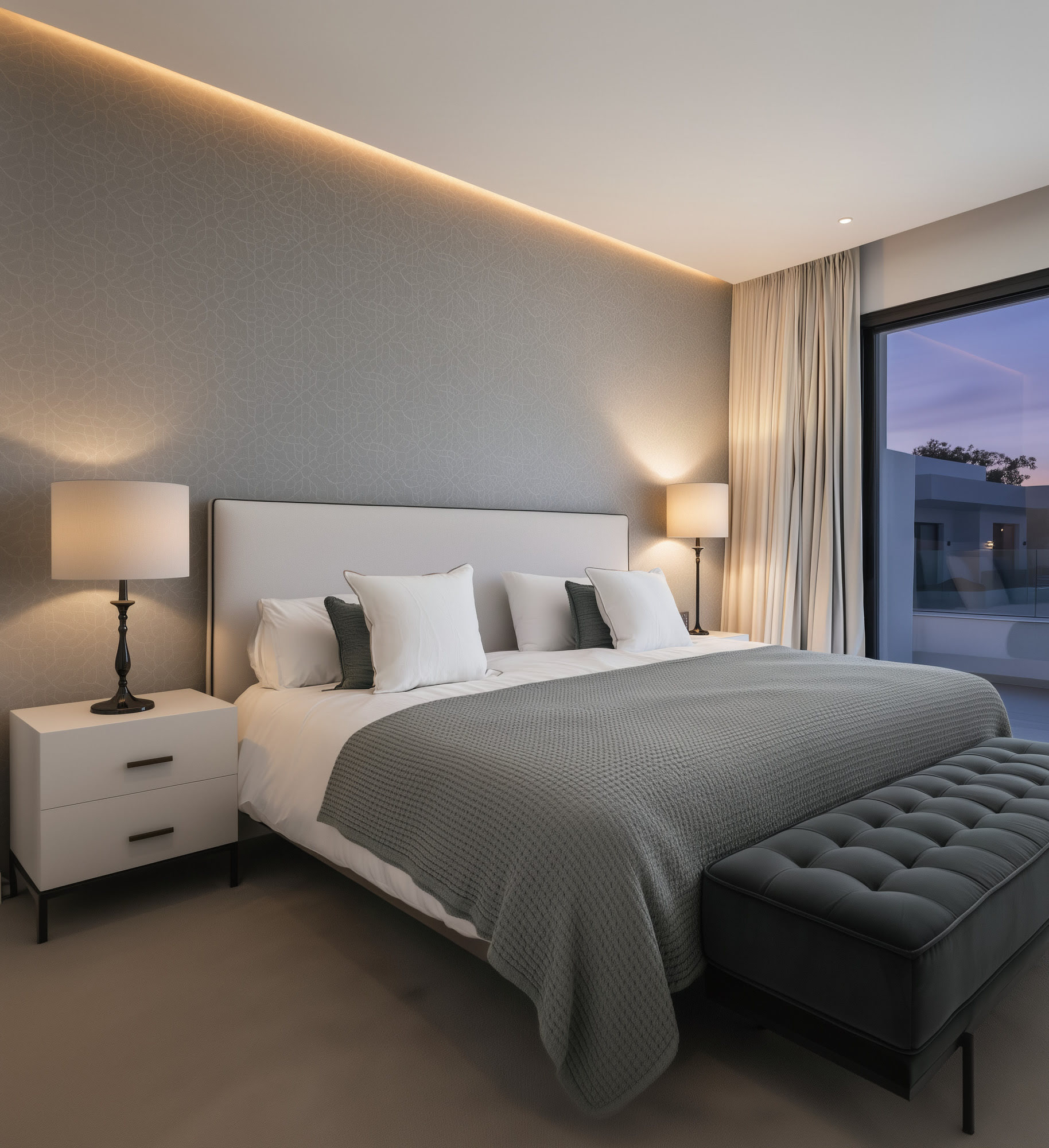 Master bedroom with panoramic glazing and calm lighting
