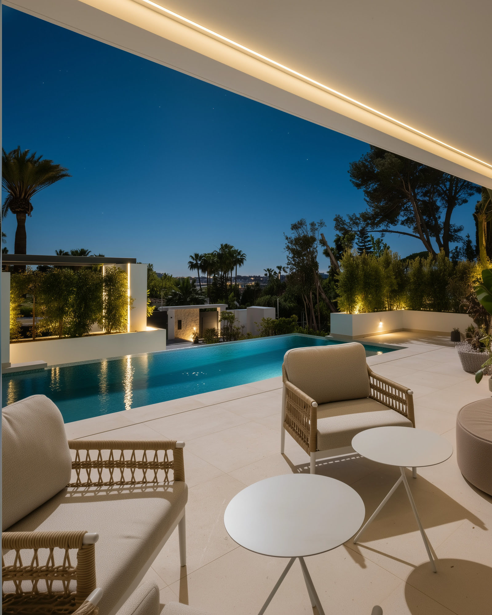 Outdoor dining terrace with Marbella sunset atmosphere