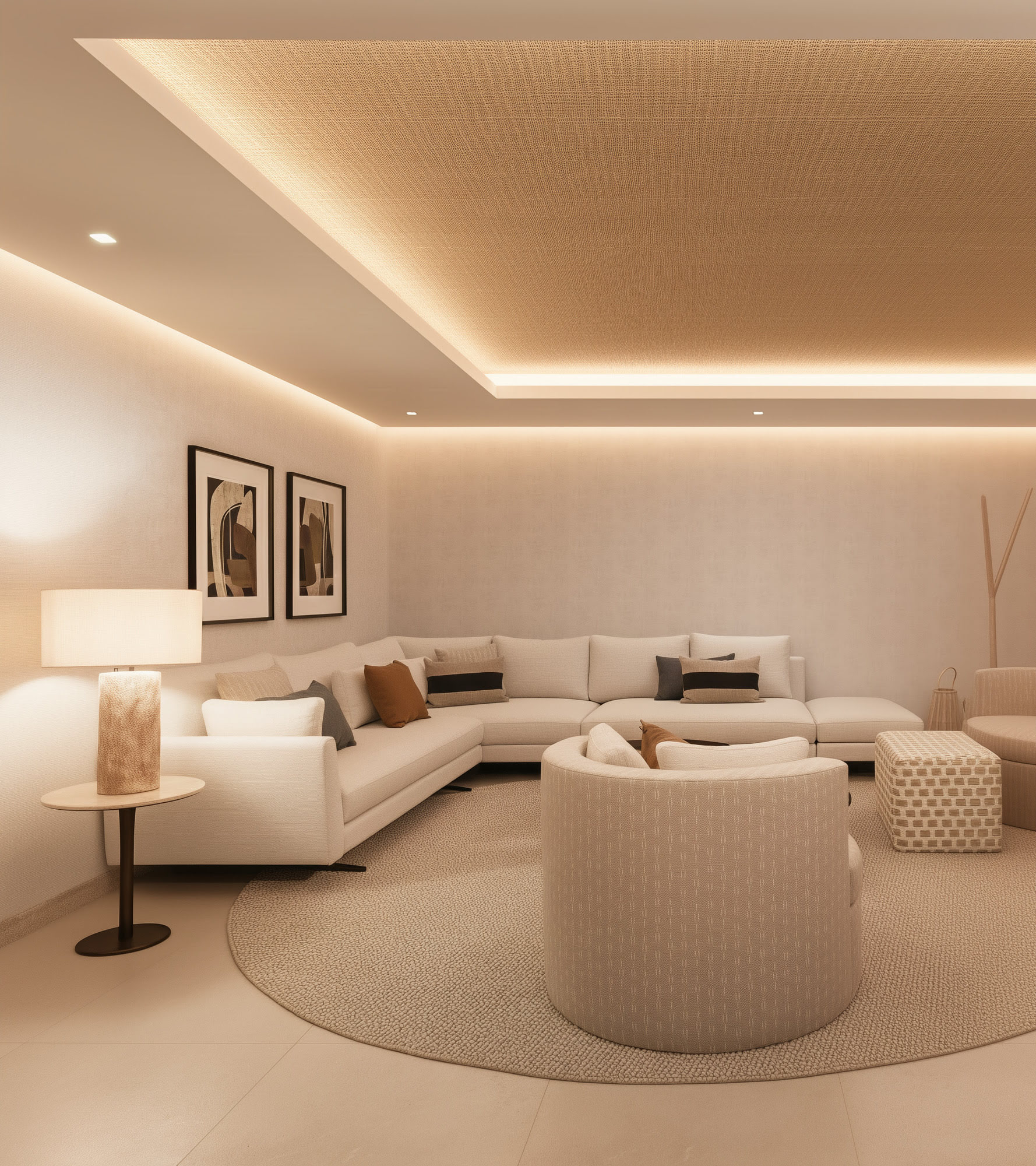 Interior lounge with sculptural furniture and warm indirect lighting