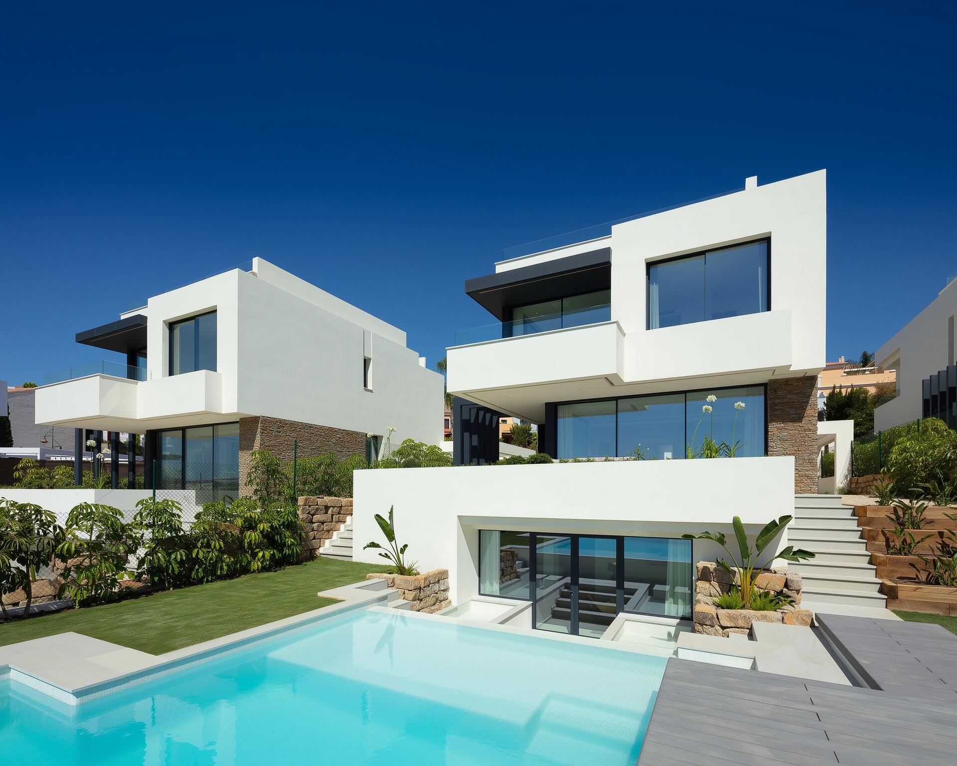 Daylight exterior of a BELFRY villa with private pool, white contemporary volumes and clean Mediterranean geometry