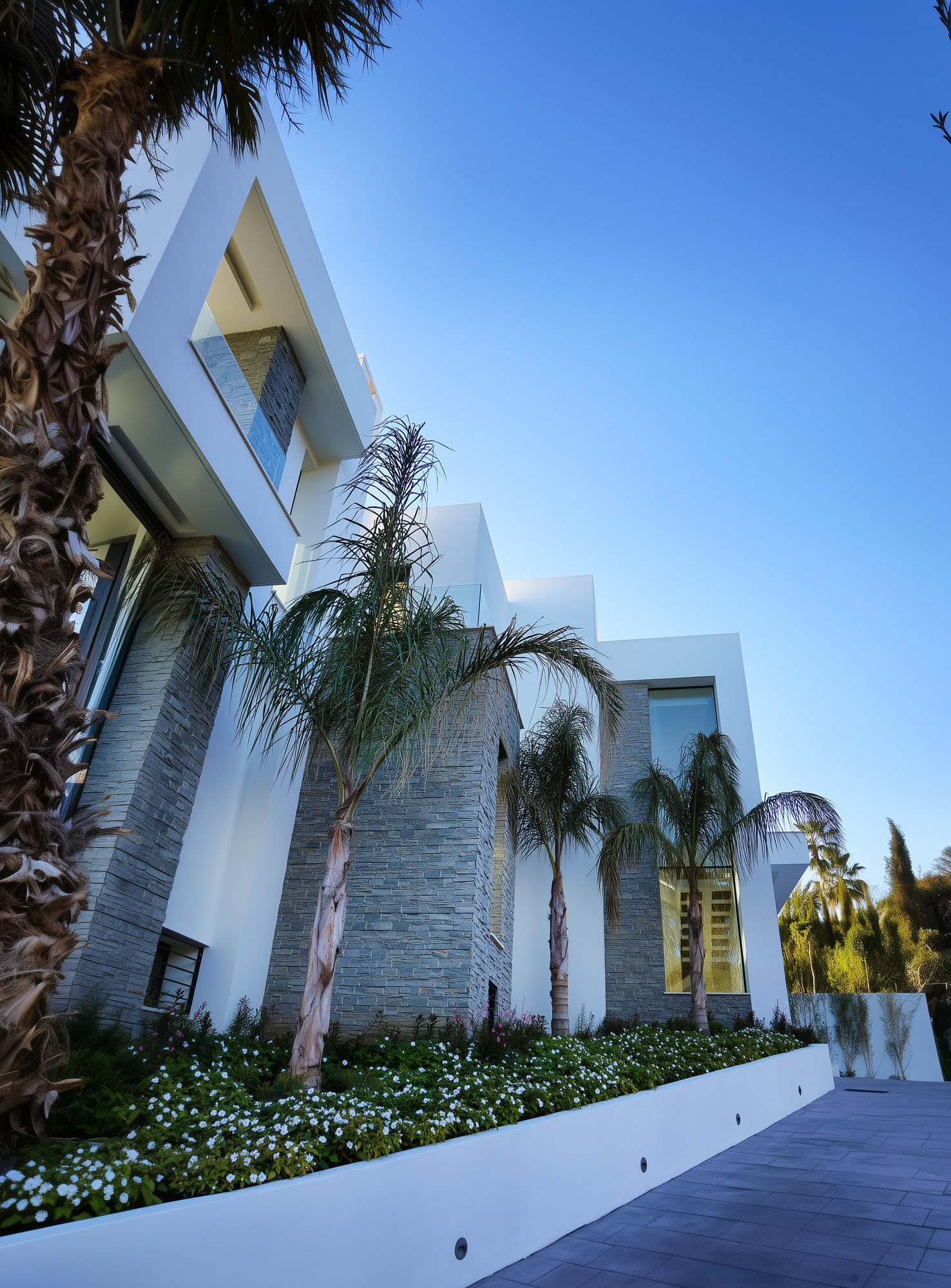 Villa Casalina entrance walkway with white walls, tropical planting and elegant contemporary volumes