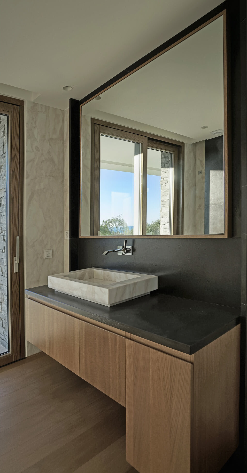 Villa Casalina bathroom with stone vanity, mirror and soft natural light on refined surfaces