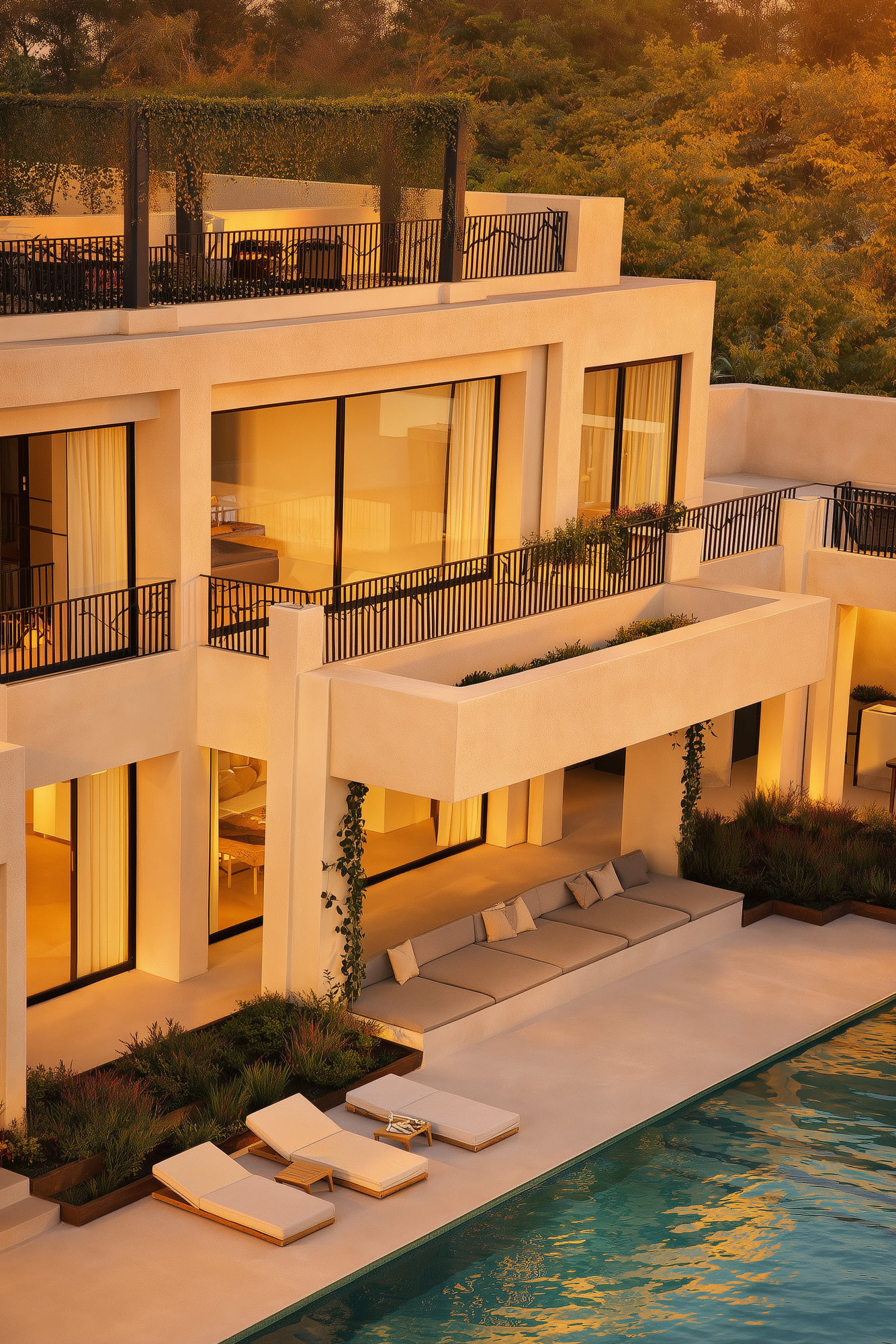 Oblique sunset view of CASASOLA showing warm interior lighting, layered terraces, poolside loungers and elegant beachfront villa proportions