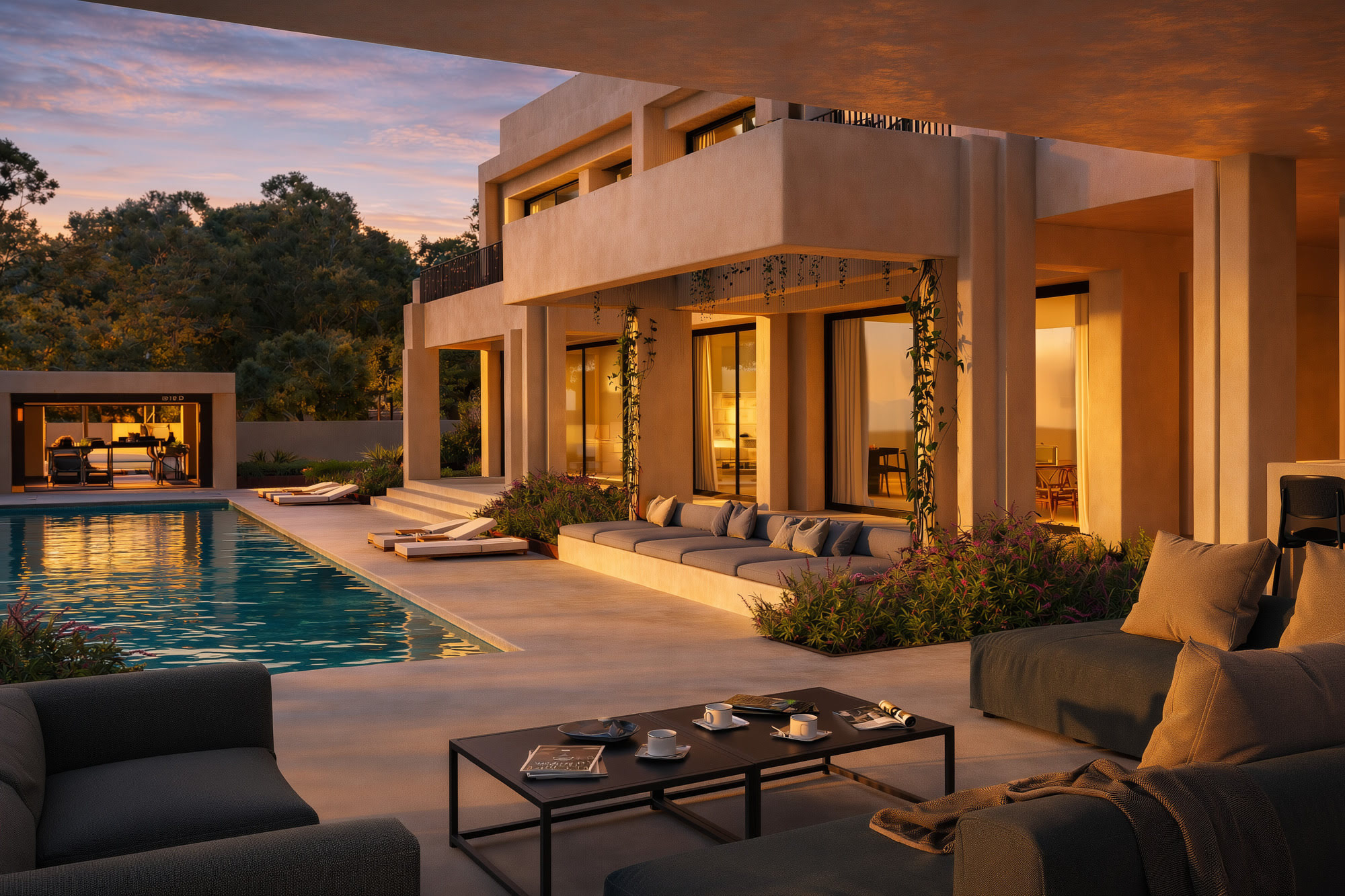 Covered outdoor living terrace at CASASOLA with refined lounge furniture, soft evening lighting and direct connection to the swimming pool