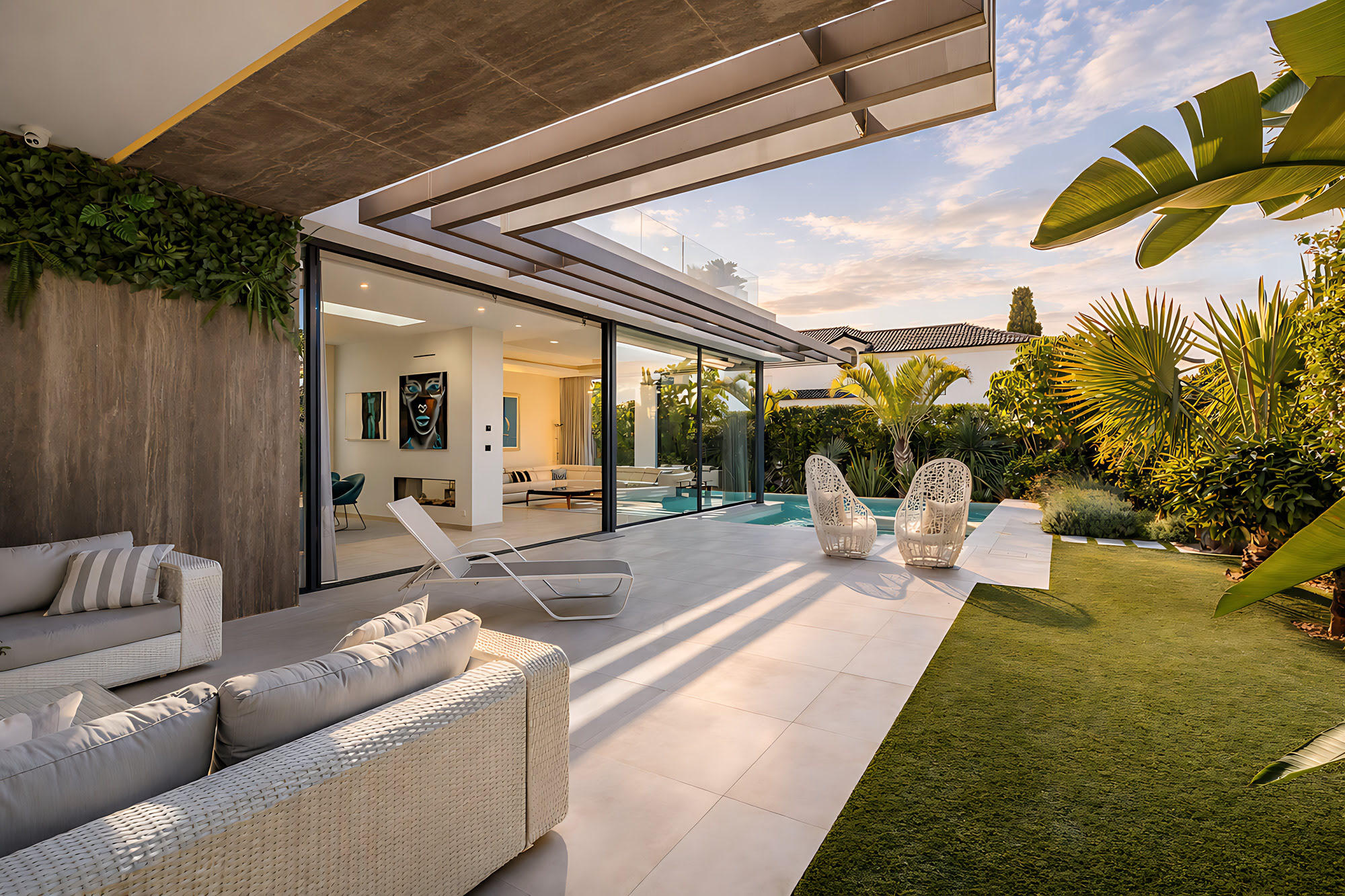 Twilight exterior lounge of DALÍ Villa on Marbella’s Golden Mile with covered terrace, warm lighting and private garden