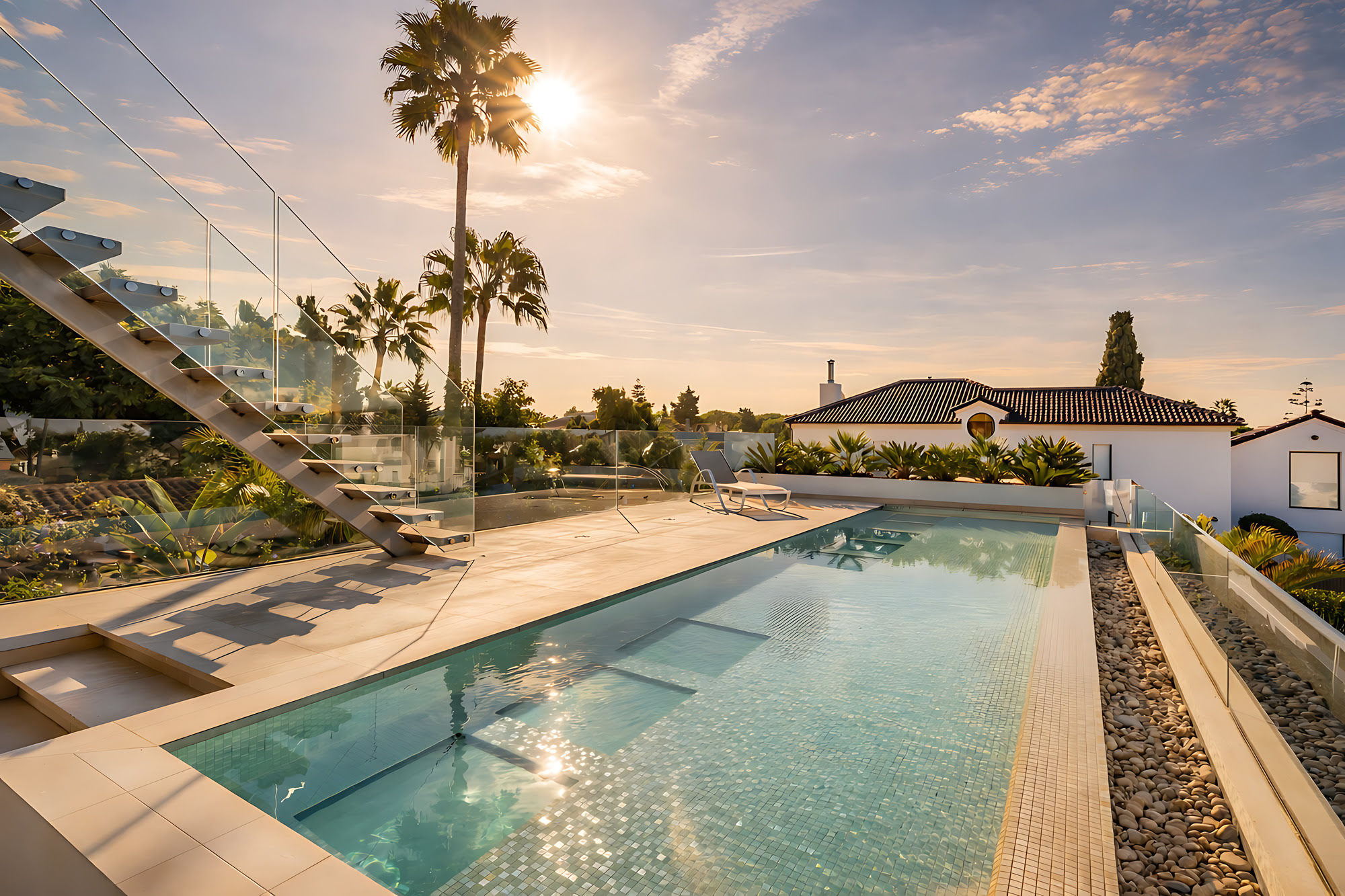 Daylight pool view of DALÍ Villa on the Golden Mile with linear water features, sun loungers and open garden setting