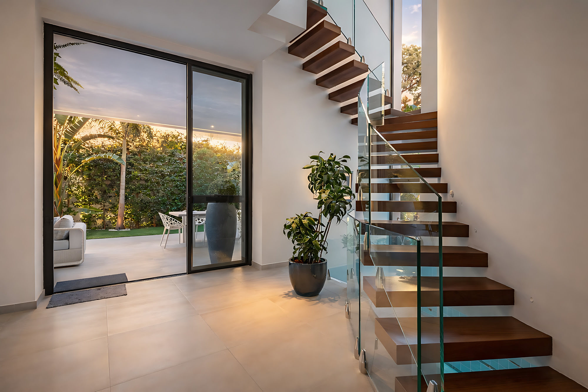 Contemporary entrance hall with floating timber staircase, double-height space and garden views at DALÍ Villa