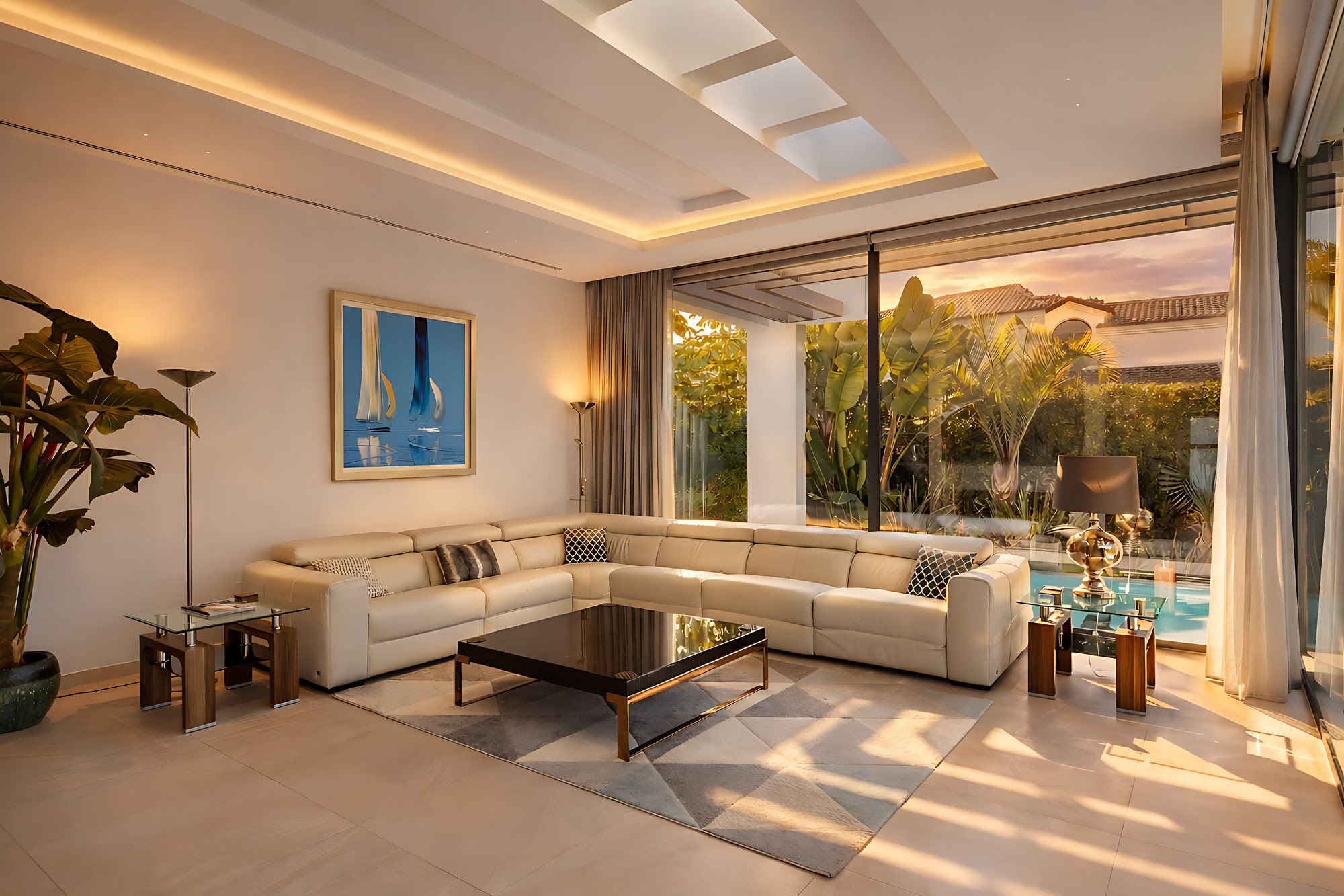 Bright lounge interior of DALÍ Villa with skylight, soft neutral furnishings and views to the terrace and pool