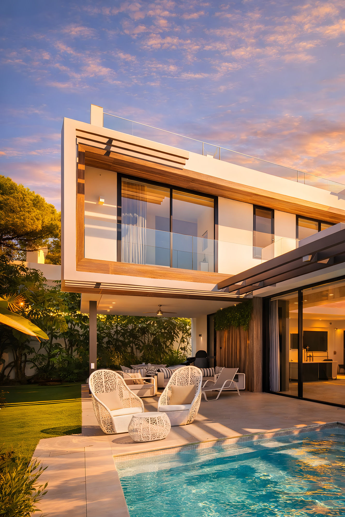 Luxury villa façade in Marbella with double-height glazing, pool-edge terrace and crisp contemporary architecture