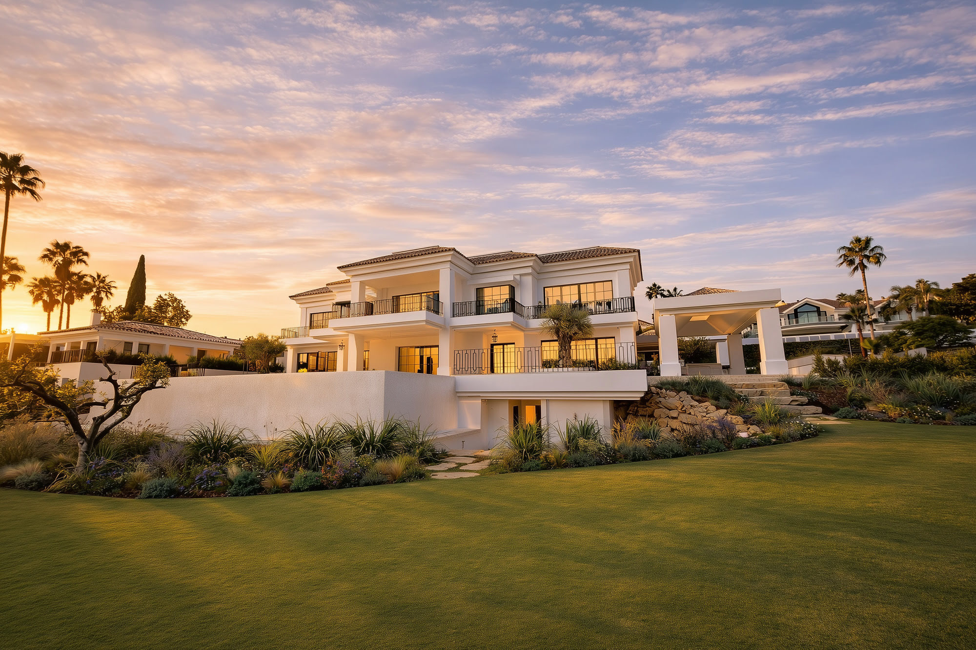 Twilight master view of Villa Diva with landscaped lawn, white façades and balanced Mediterranean architecture in La Cerquilla, Marbella