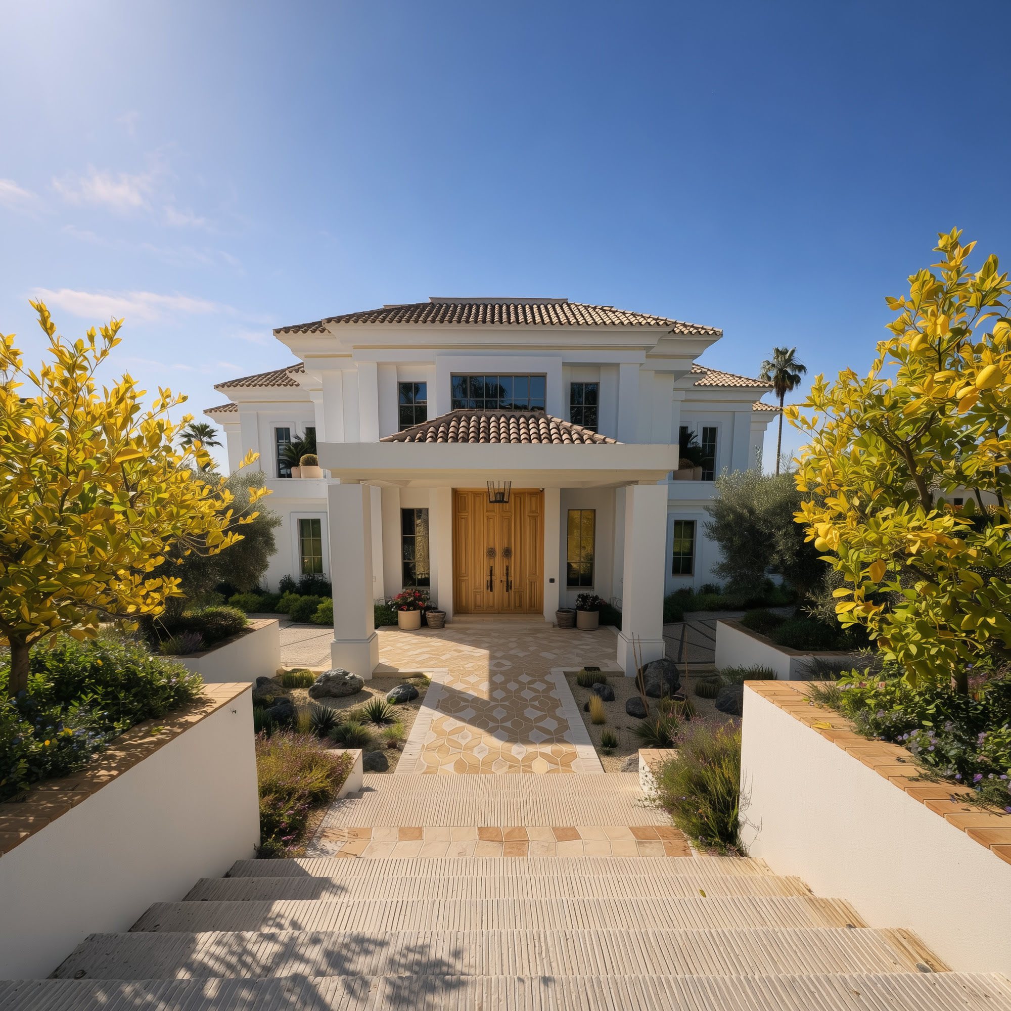 Main front façade of Villa Diva framed by mature planting and a formal Mediterranean arrival sequence