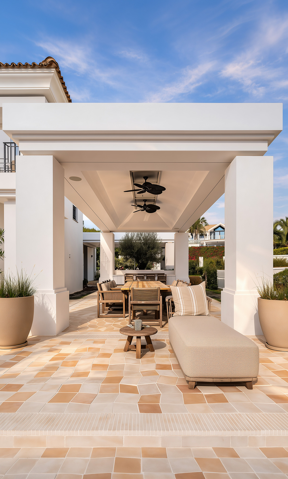 Covered outdoor gallery at Villa Diva with lounge setting and indoor-outdoor continuity