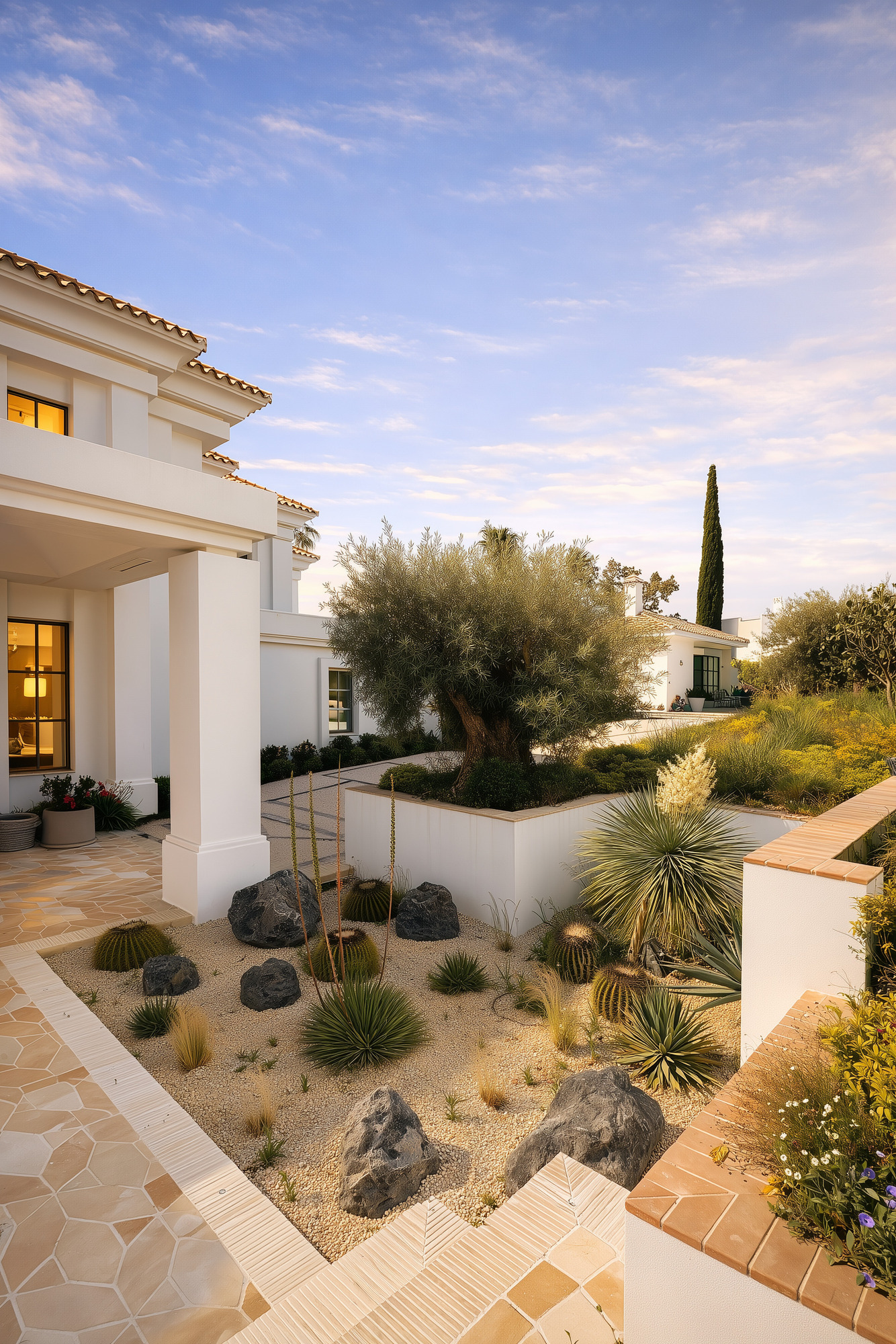 Side courtyard view of Villa Diva showing white walls, planting beds and refined Mediterranean detailing