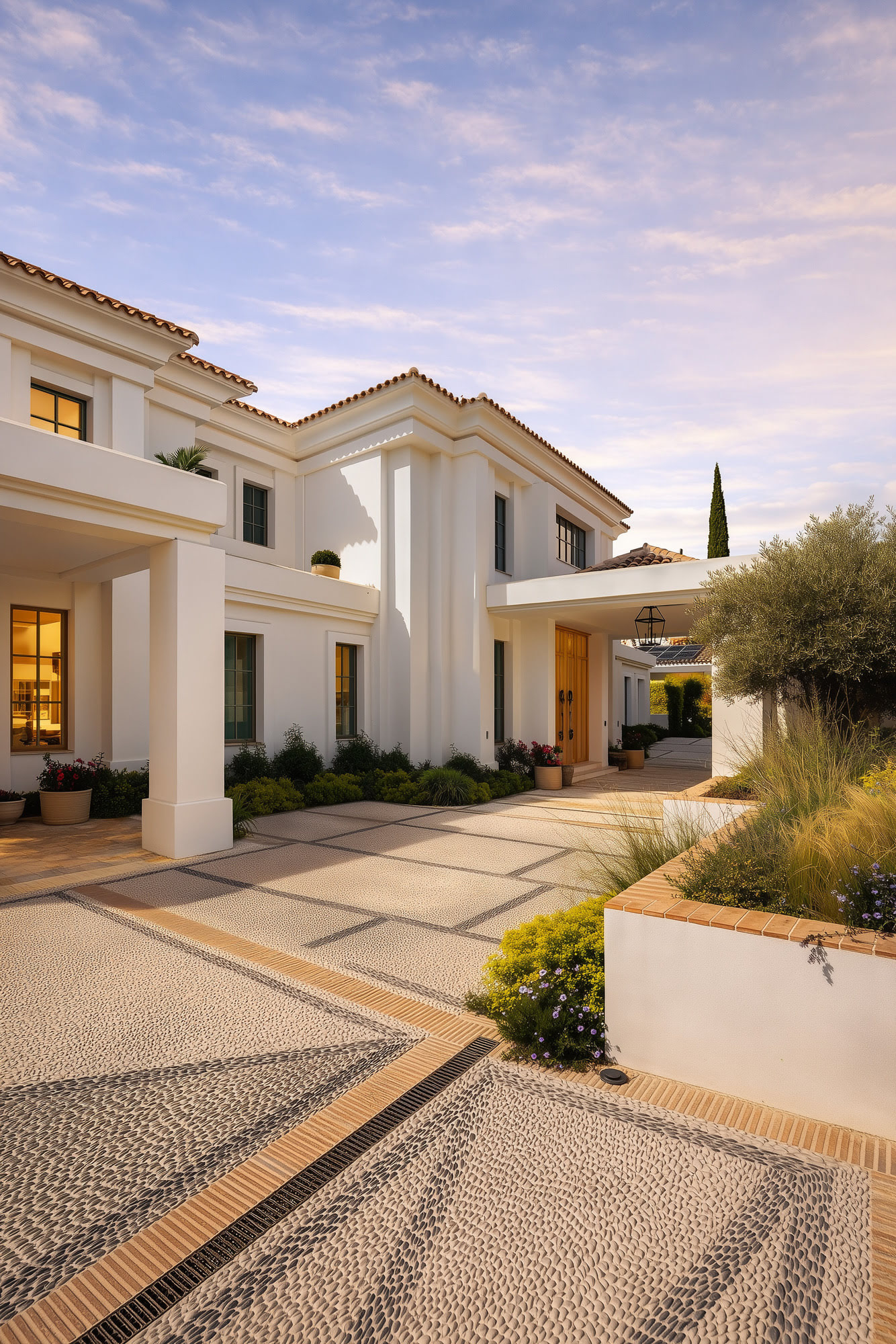 Secondary front approach with driveway edge, white façades and formal arrival composition at Villa Diva
