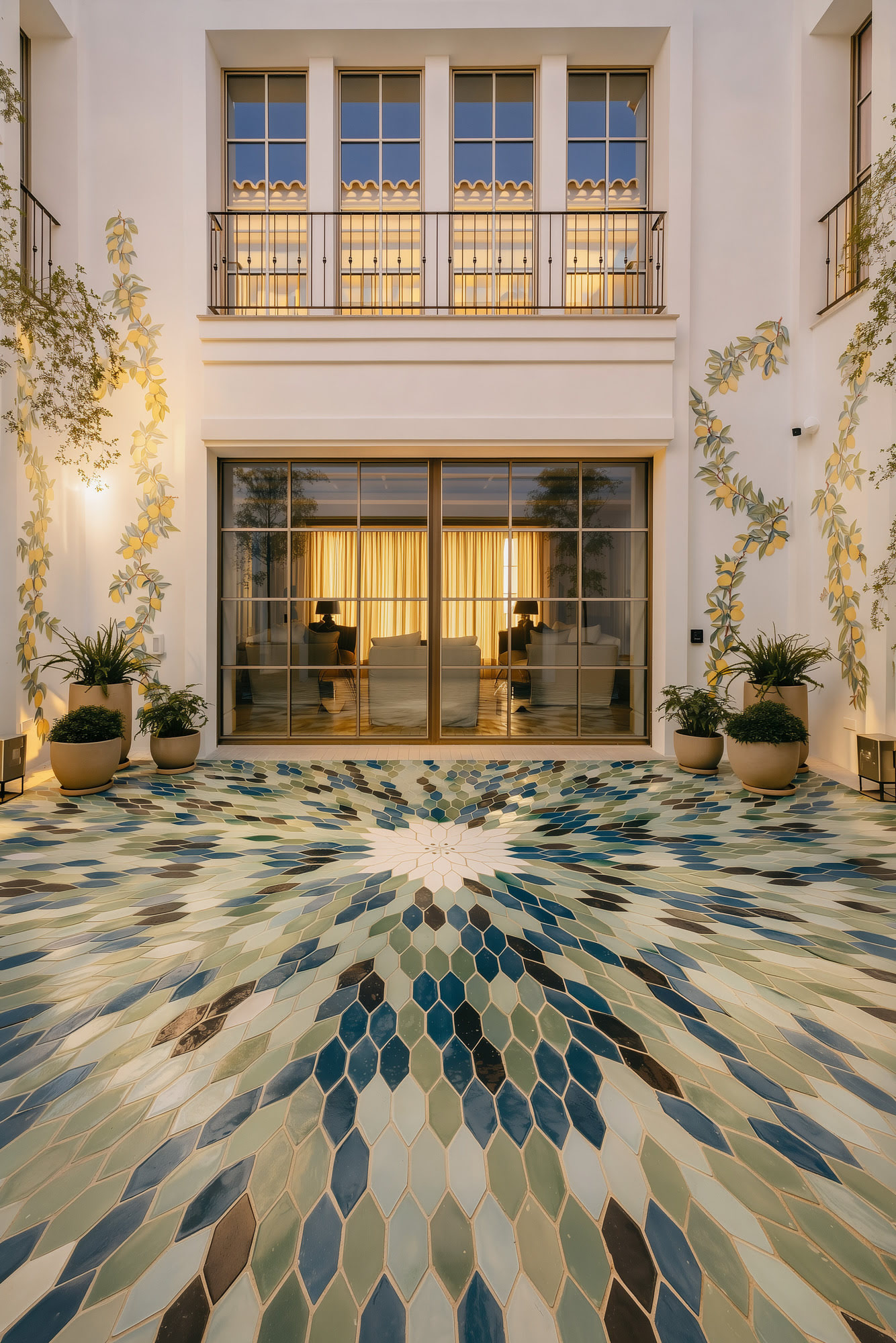 Decorative courtyard fountain framed by climbing greenery and a symmetrical façade at Villa Diva