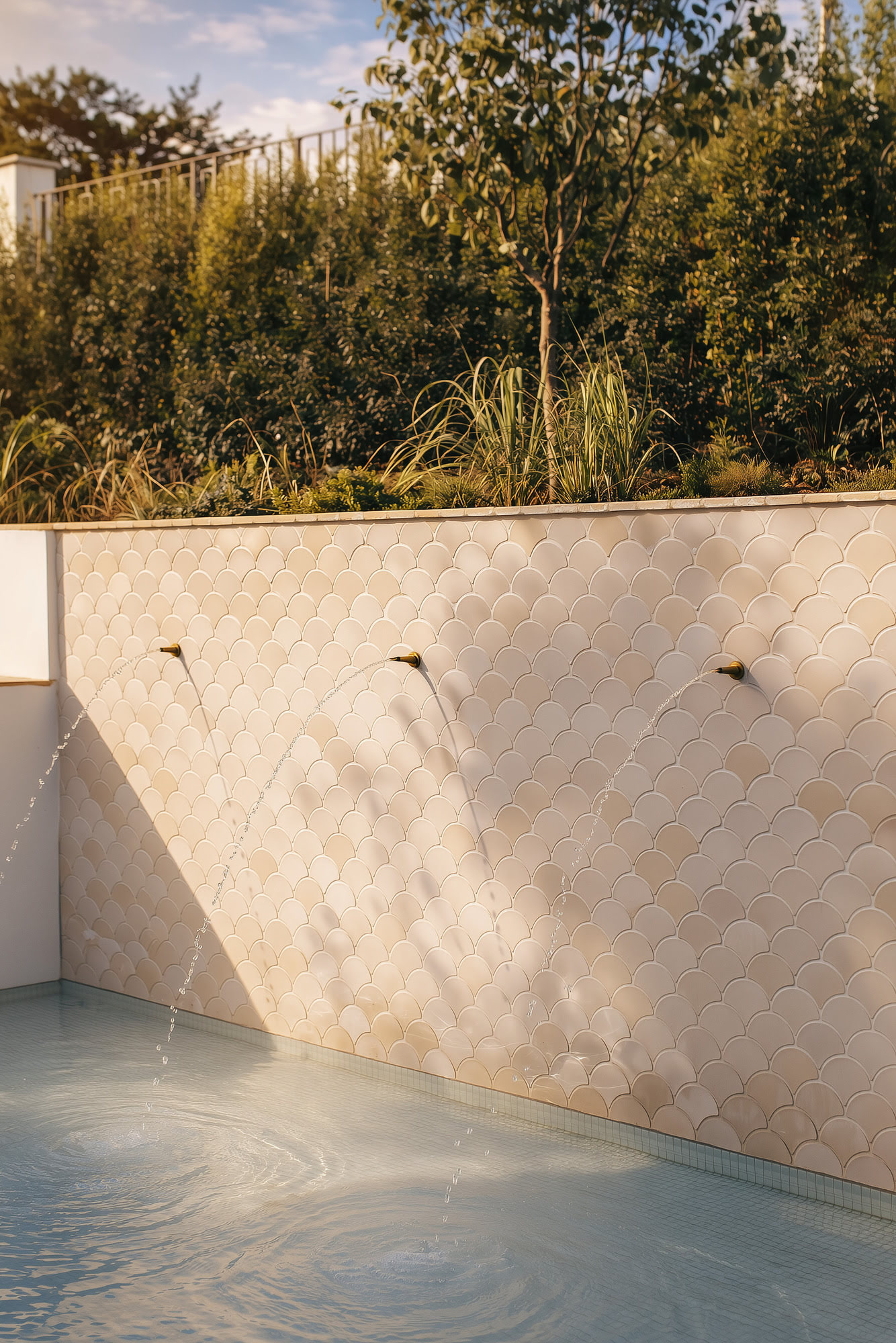 Architectural retaining wall and planted exterior corner at Villa Diva with warm natural stone textures