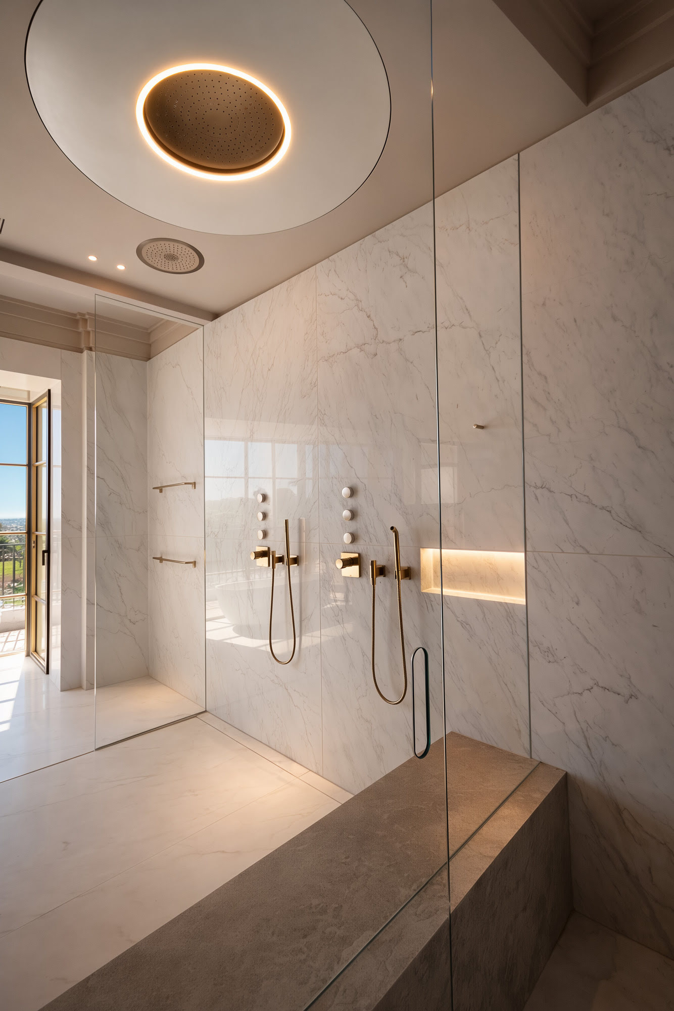 Spa-style bathroom with walk-in shower, stone surfaces and circular ceiling detail at Villa Diva