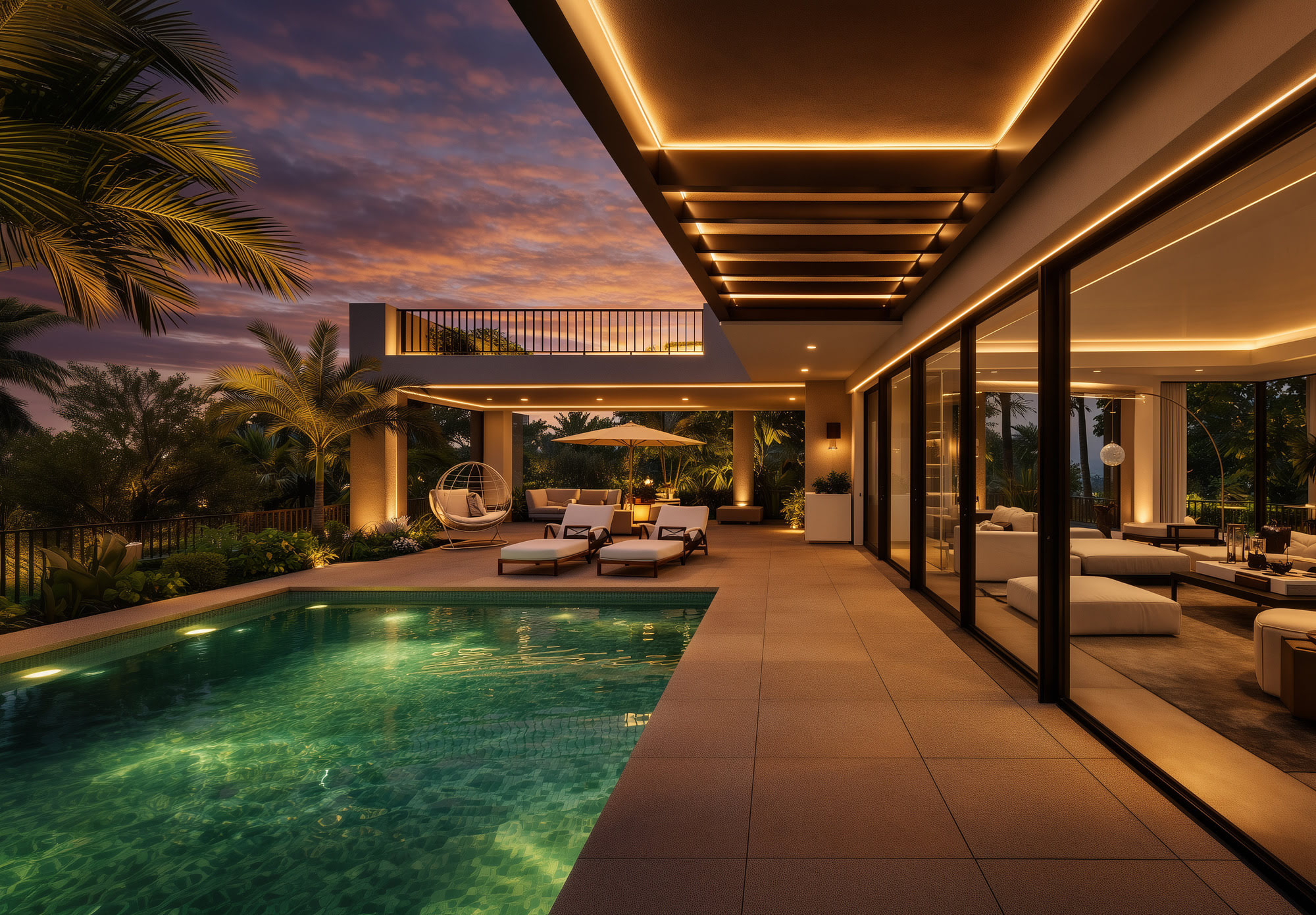 Covered outdoor living terrace at Guadalmina 18 overlooking the pool with linear ceiling lighting and seamless indoor-outdoor continuity